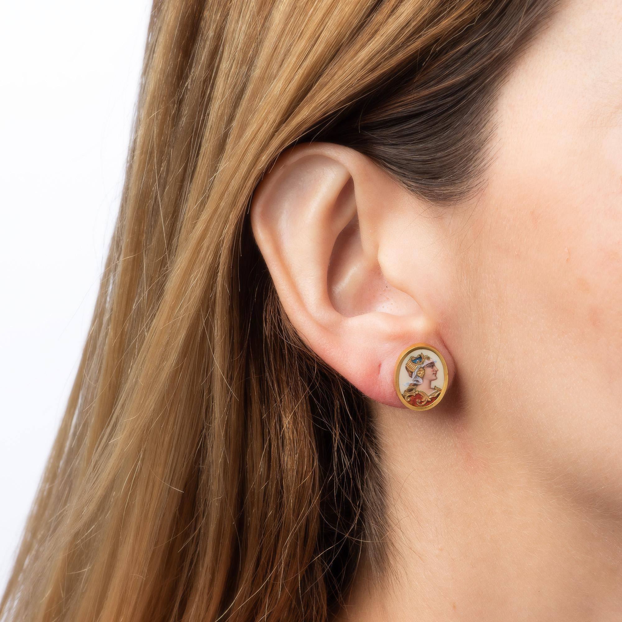 Antike viktorianische Emaille-Ohrringe Portrait einer Frau 18k Gelbgold-Schmuck (Viktorianisch) im Angebot