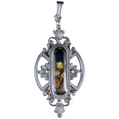 Antique Victorian Enamel Flower Pendant Silver, circa 1900