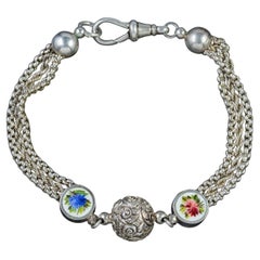 Antique Victorian Enamel Flower Silver Albertina Bracelet