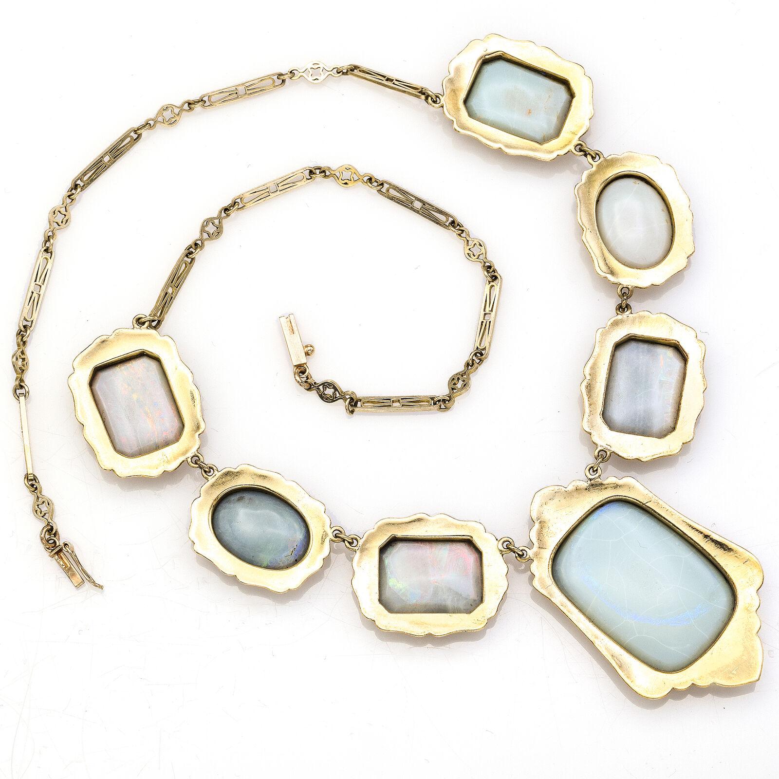 Mixed Cut Antique Victorian Enamel Opal Yellow Gold Necklace
