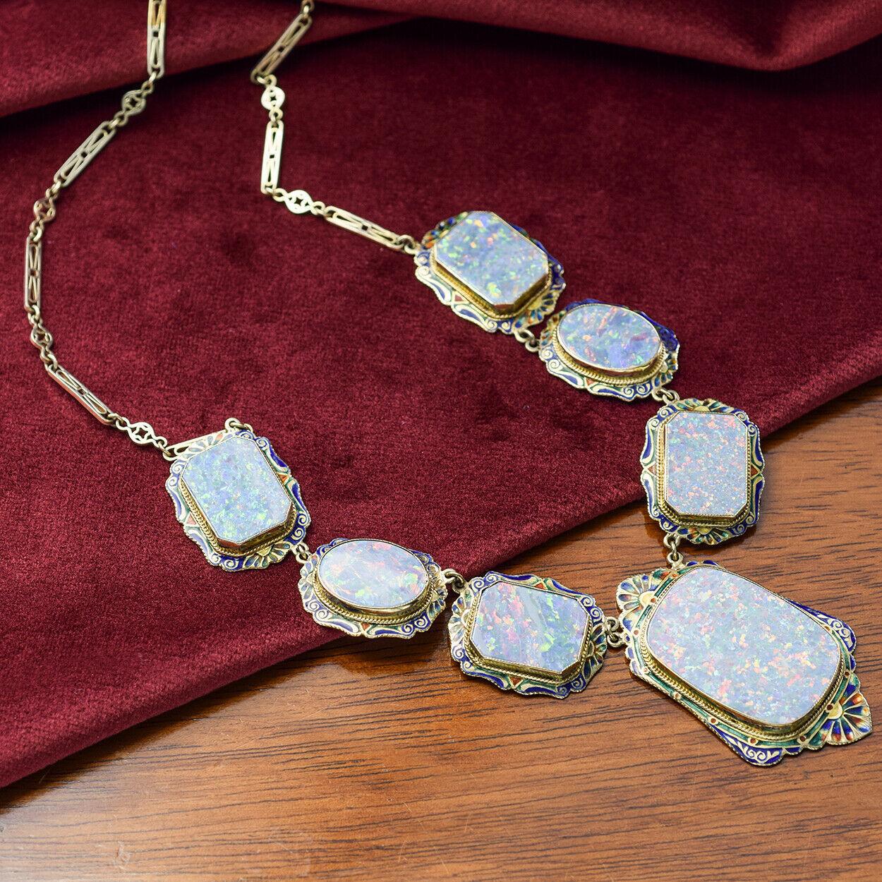 Antique Victorian Enamel Opal Yellow Gold Necklace 2