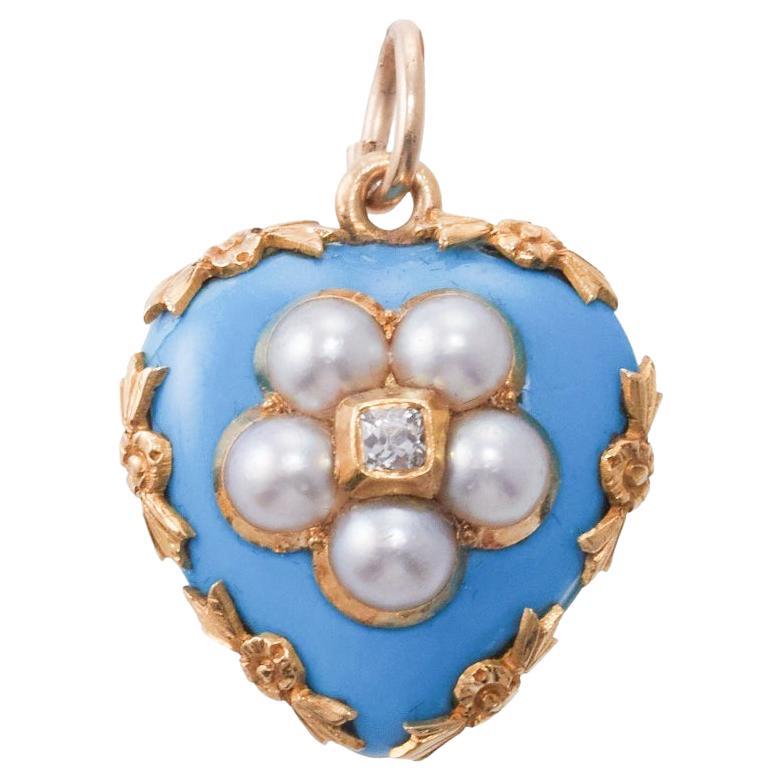 Antikes viktorianisches Emaille-Perlen-Diamant-Gold-Medaillon-Herz-Anhänger  im Angebot