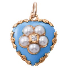 Antique Victorian Enamel Pearl Diamond Gold Hair Locket Heart Pendant 