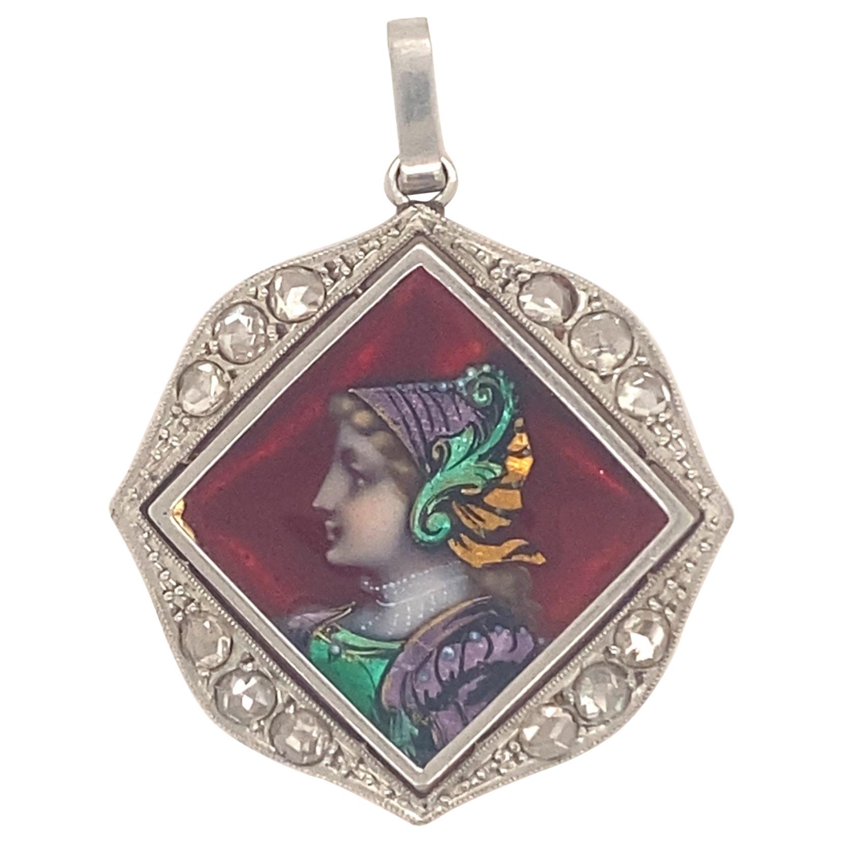 Antique Victorian Enamel Platinum Diamonds 18 Karat Yellow Gold Pendant For Sale