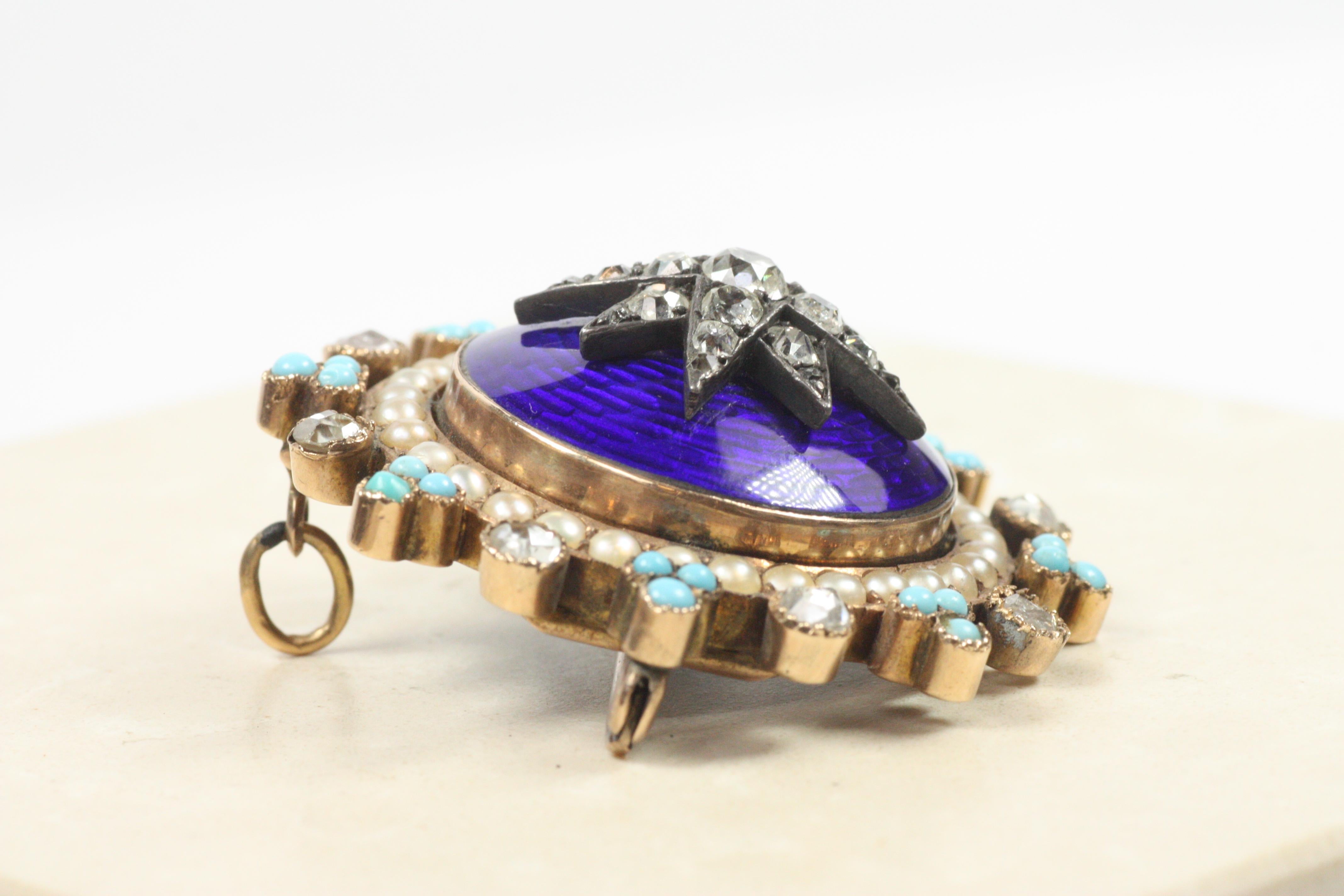 Broche victorienne ancienne avec médaillon en étoile en émail - diamants, perles, turquoise en vente 5