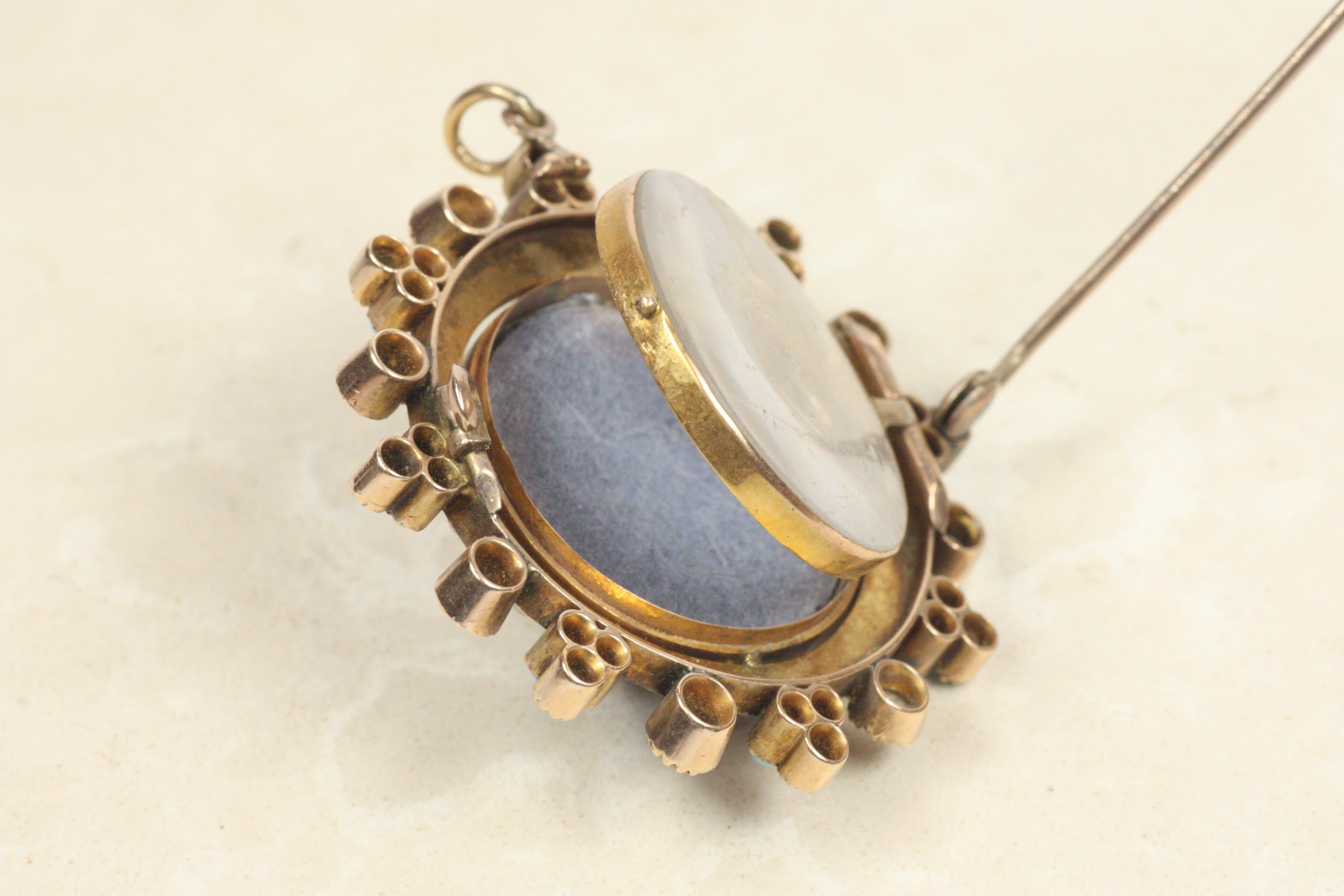 Taille vieille mine Broche victorienne ancienne avec médaillon en étoile en émail - diamants, perles, turquoise en vente