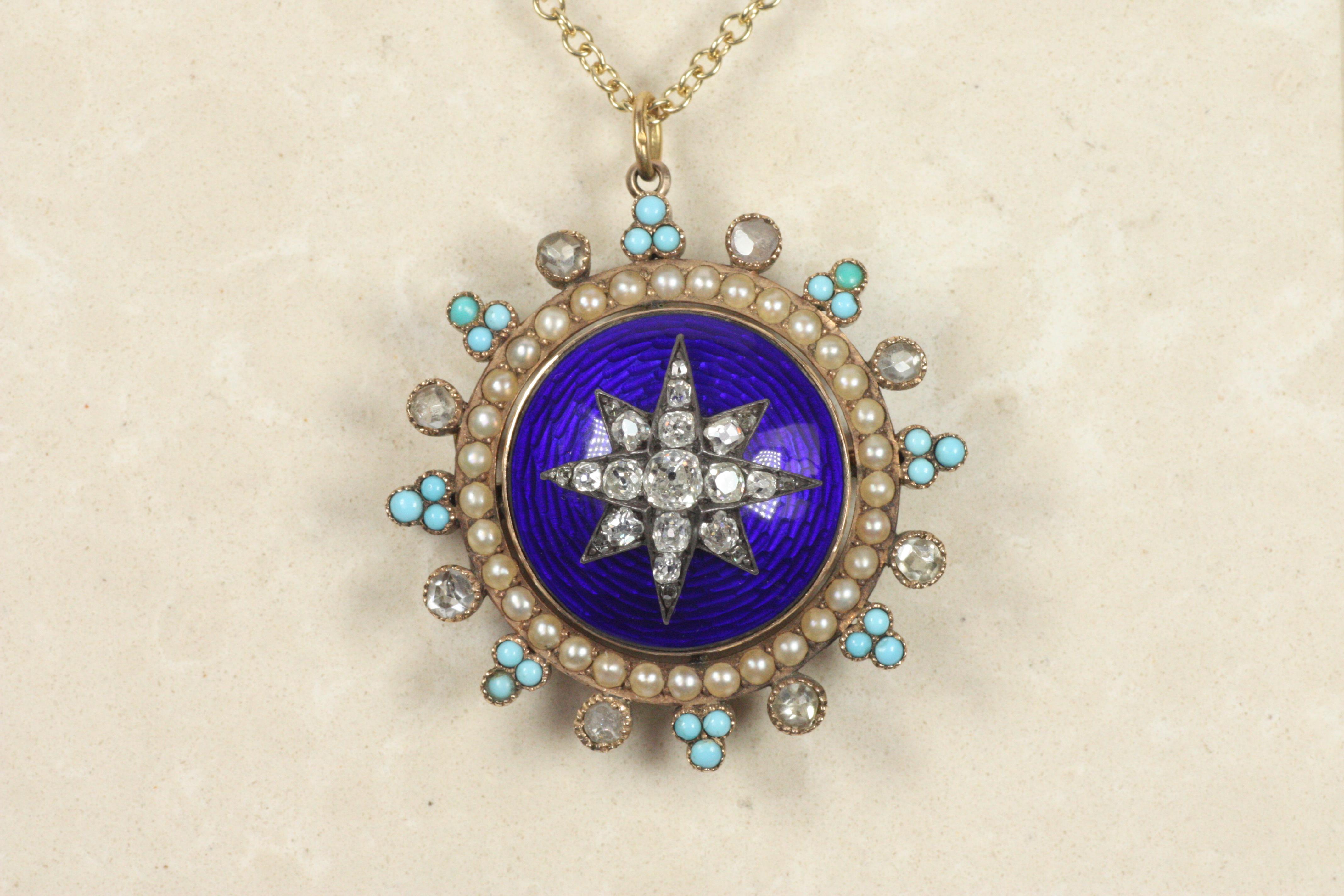 Broche victorienne ancienne avec médaillon en étoile en émail - diamants, perles, turquoise Bon état - En vente à Santa Monica, CA