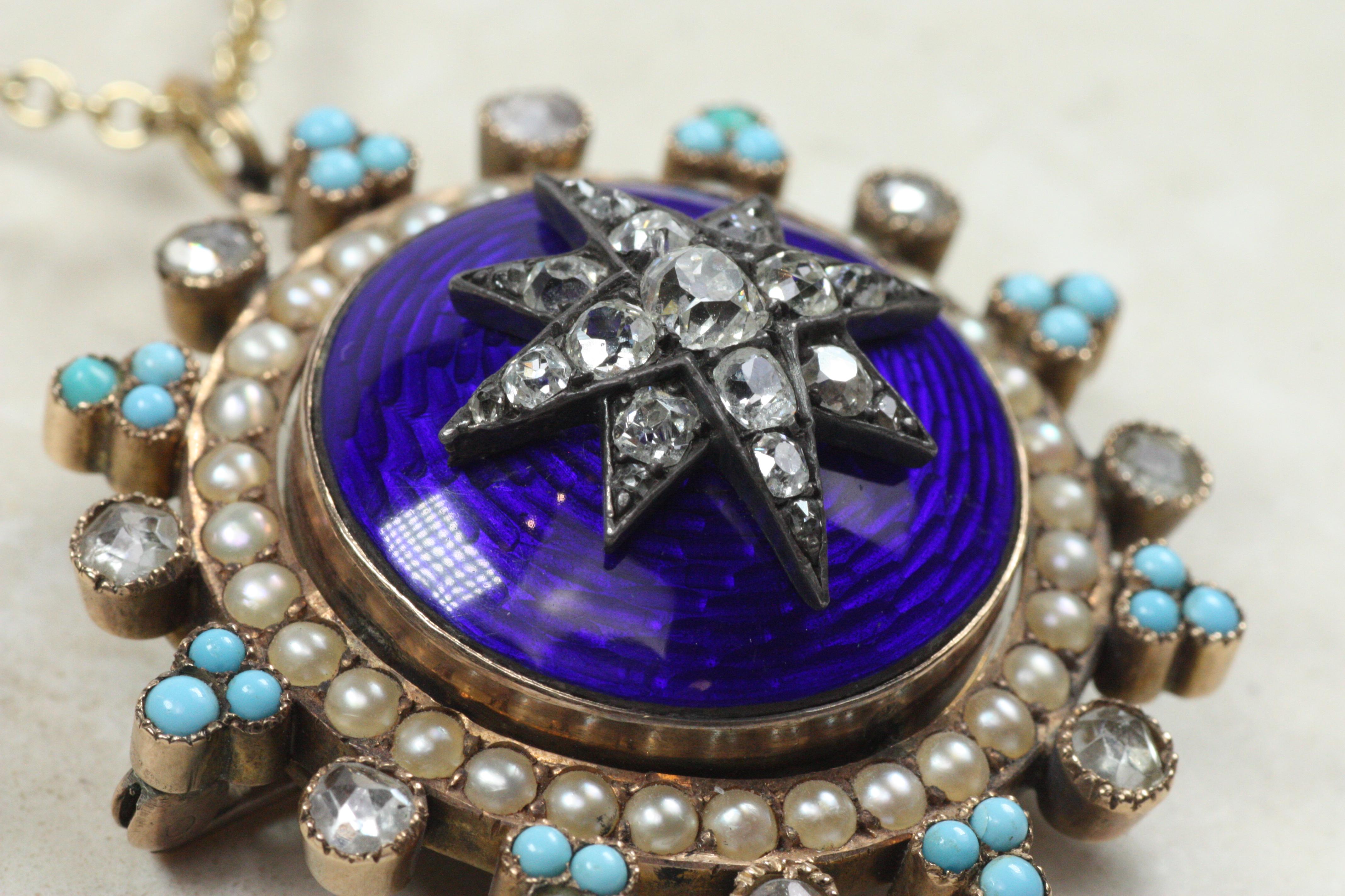 Broche victorienne ancienne avec médaillon en étoile en émail - diamants, perles, turquoise Unisexe en vente