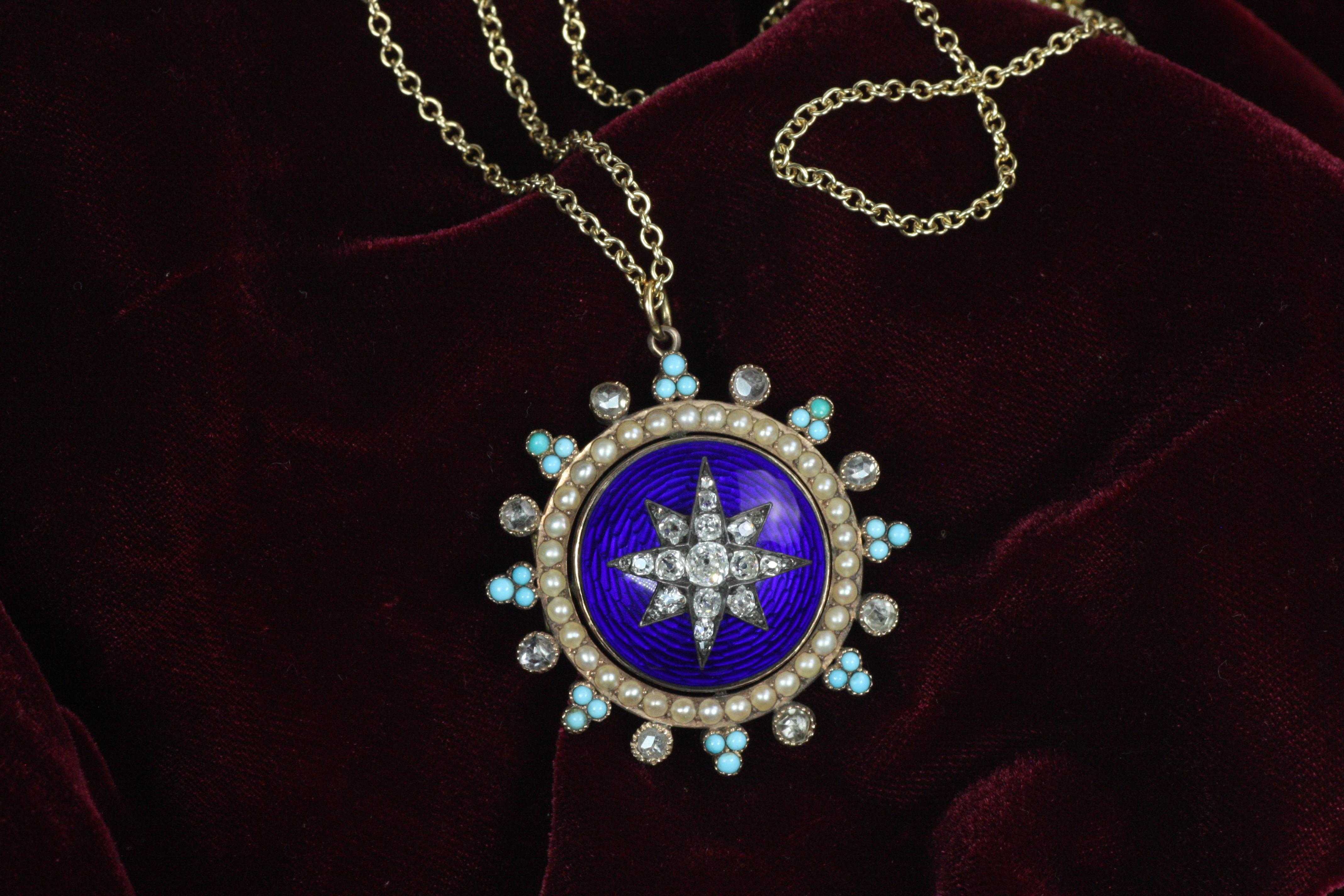 Broche victorienne ancienne avec médaillon en étoile en émail - diamants, perles, turquoise en vente 1