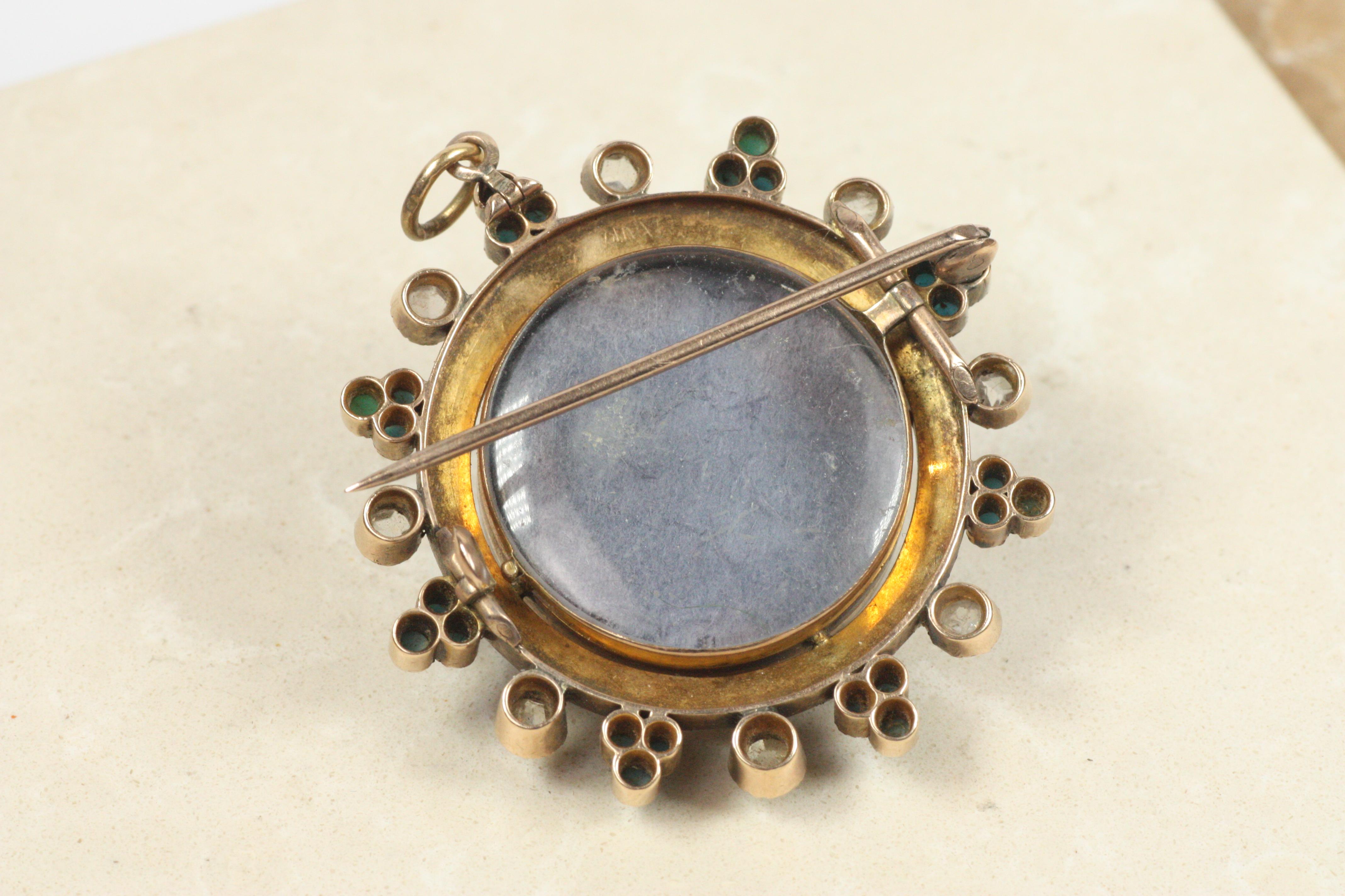 Broche victorienne ancienne avec médaillon en étoile en émail - diamants, perles, turquoise en vente 2