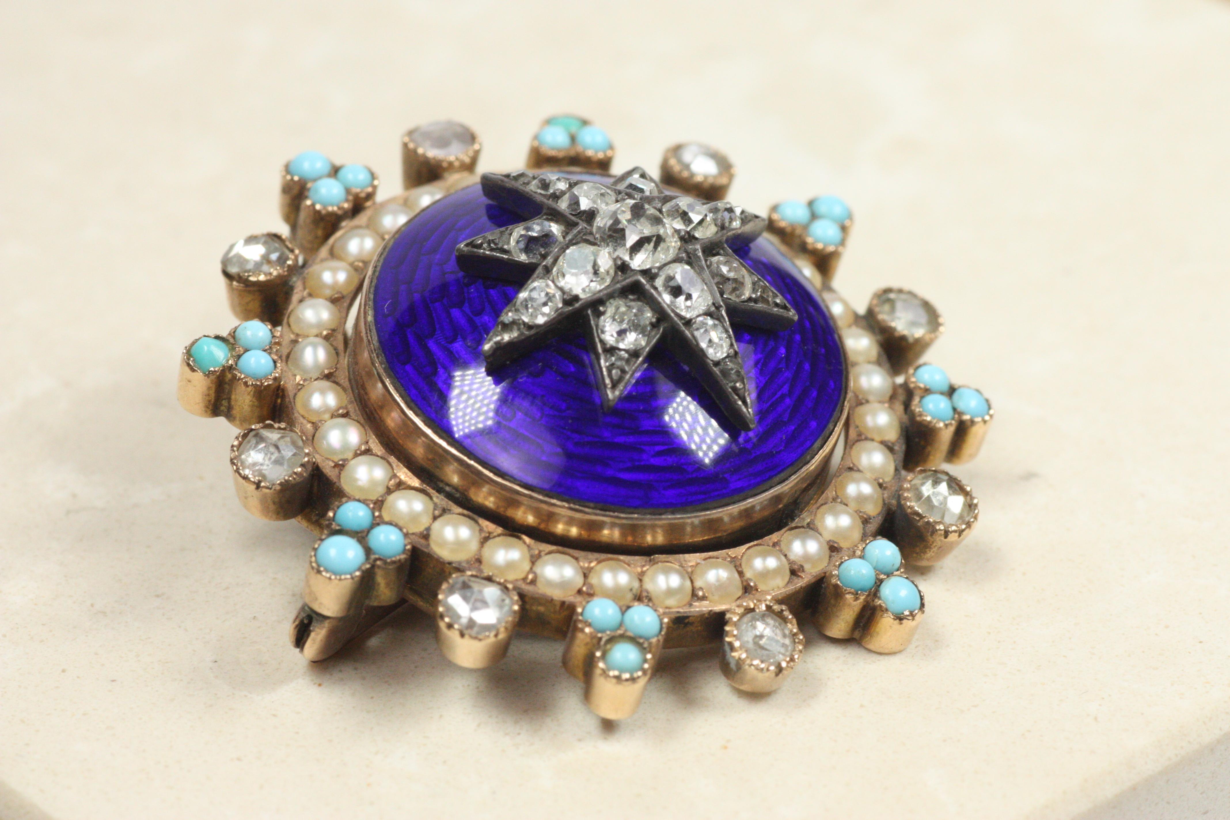 Broche victorienne ancienne avec médaillon en étoile en émail - diamants, perles, turquoise en vente 4