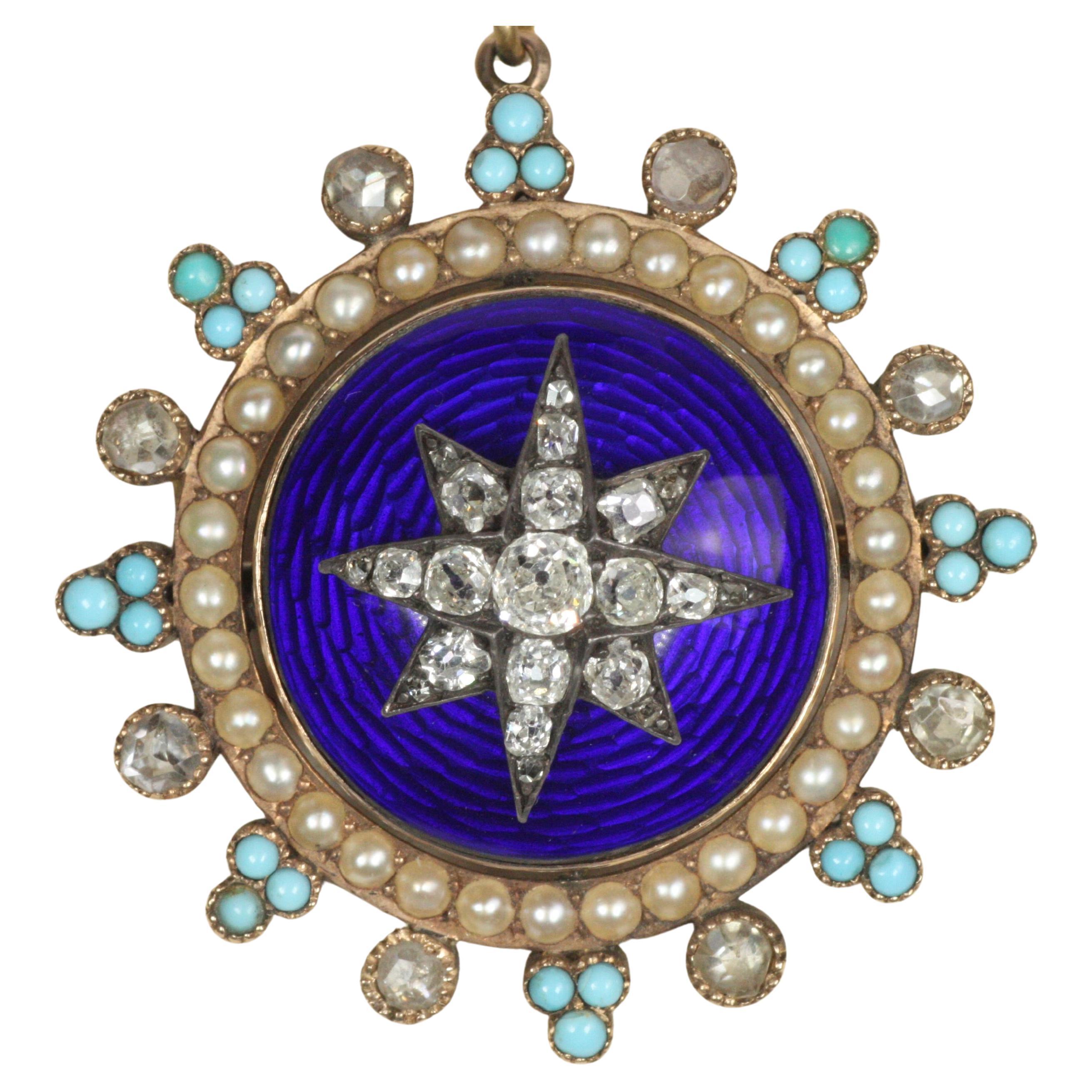 Broche victorienne ancienne avec médaillon en étoile en émail - diamants, perles, turquoise