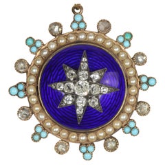 Antiguo broche victoriano con medallón en forma de estrella esmaltada - Diamantes, perlas, turquesa