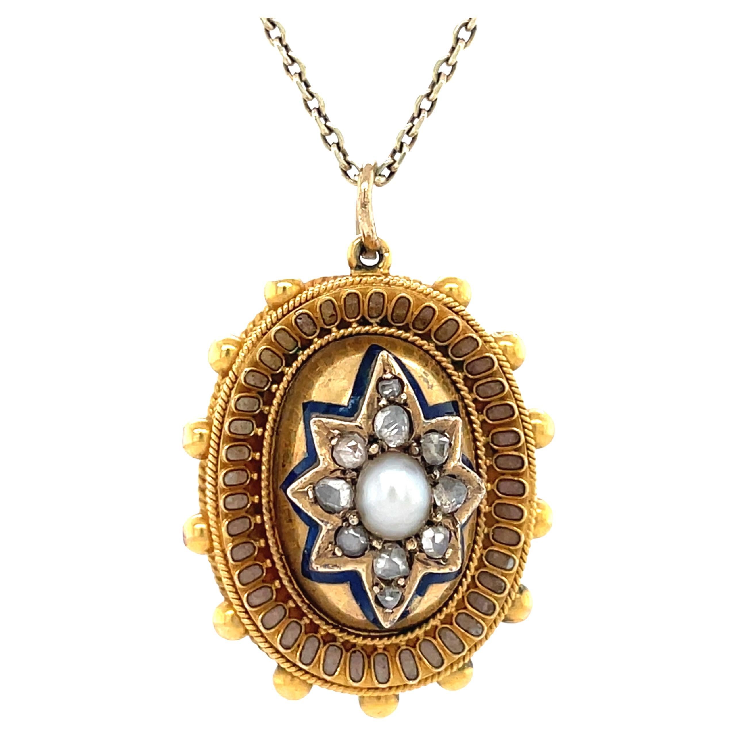 Antico ciondolo vittoriano in smalto con perle e diamanti taglio rosa in oro 9 carati