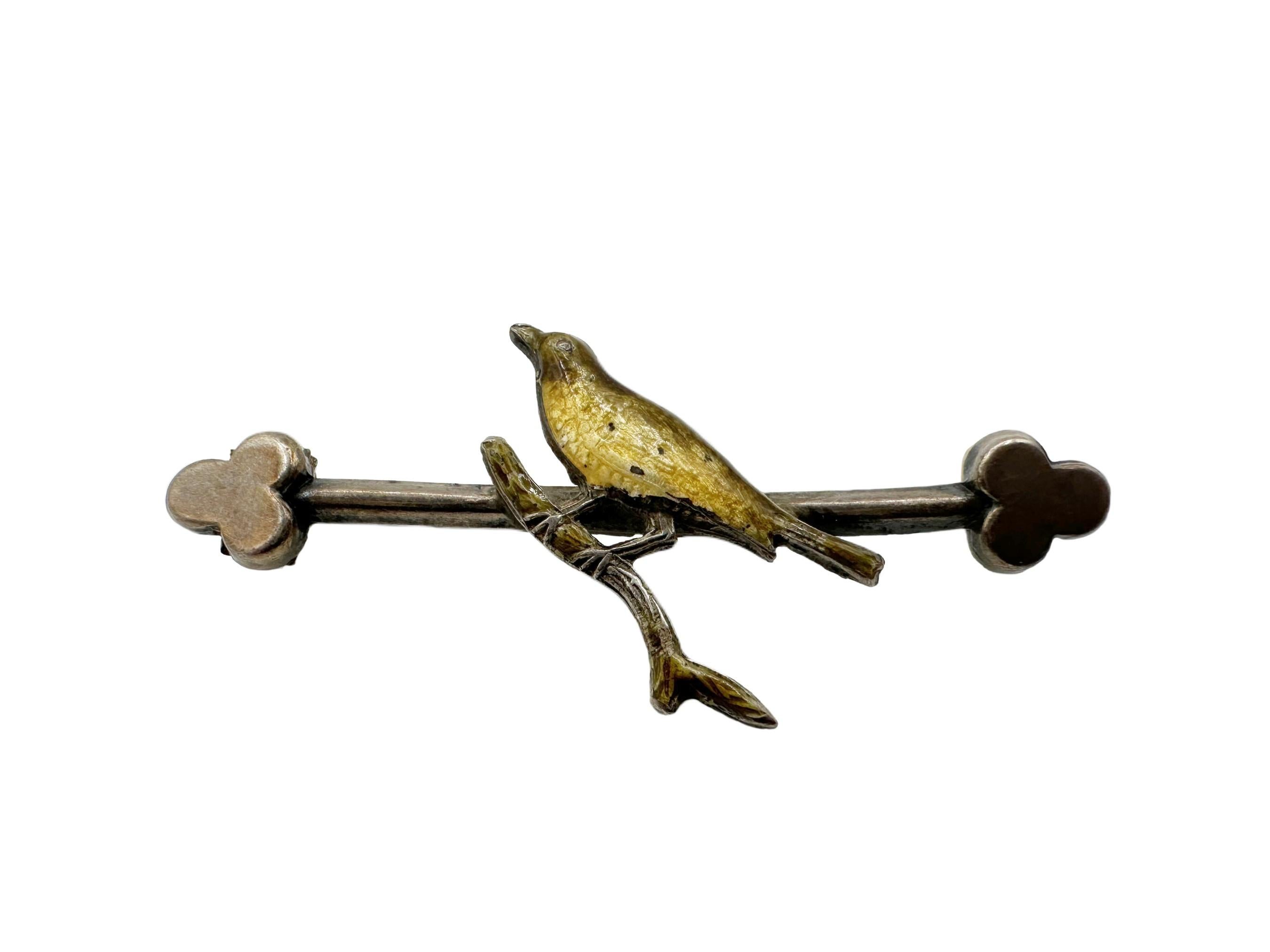 Antique Victorian Enamel Sterling Silver Yellow Bird on Branch Lapel Pin Brooch In Good Condition For Sale In North Attleboro, MA