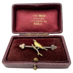 Antique Victorian Enamel Sterling Silver Yellow Bird on Branch Lapel Pin Brooch