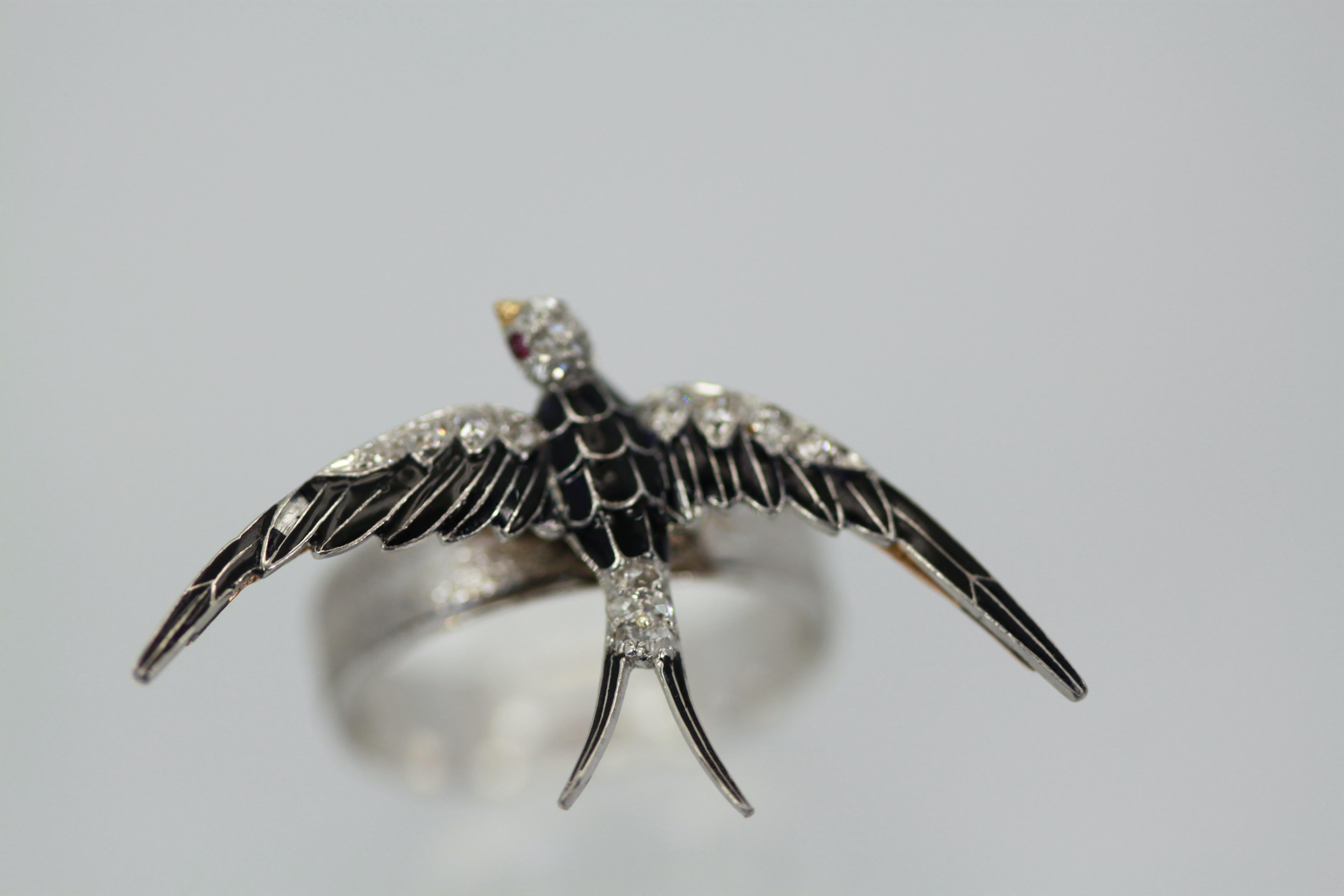 Women's or Men's Antique Victorian Enamel Swallow Ring For Sale
