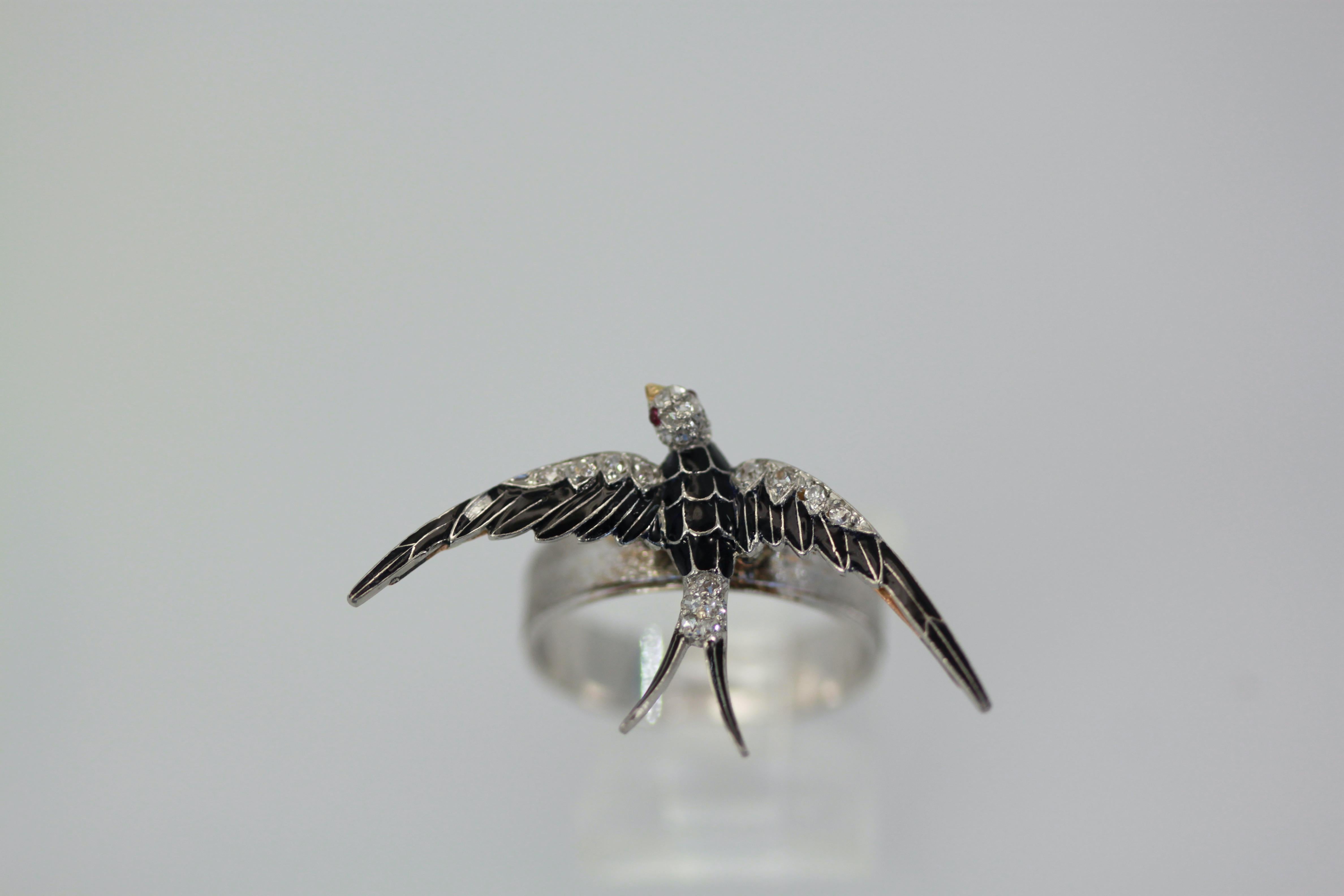 Antique Victorian Enamel Swallow Ring For Sale 2