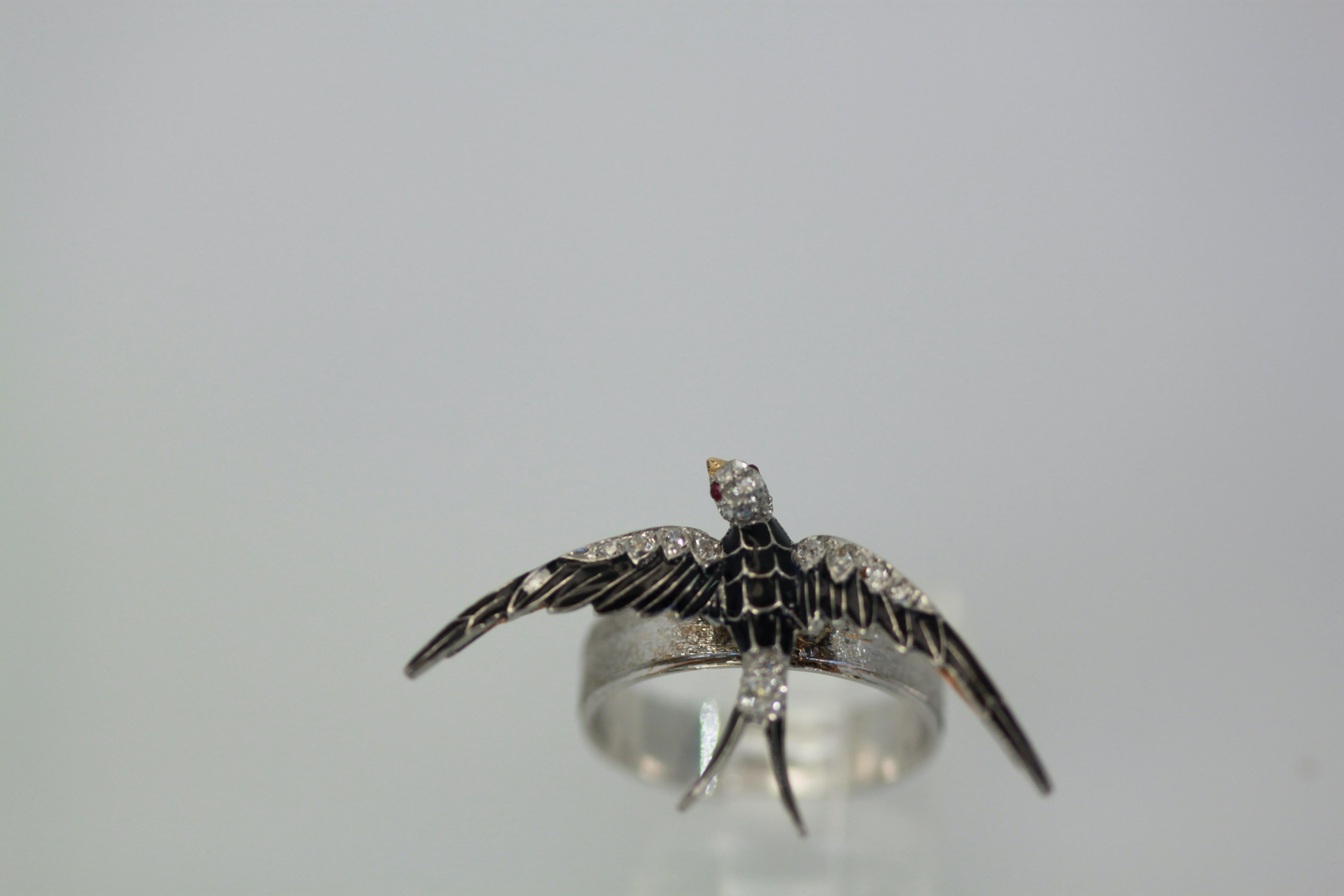 Antique Victorian Enamel Swallow Ring For Sale 3