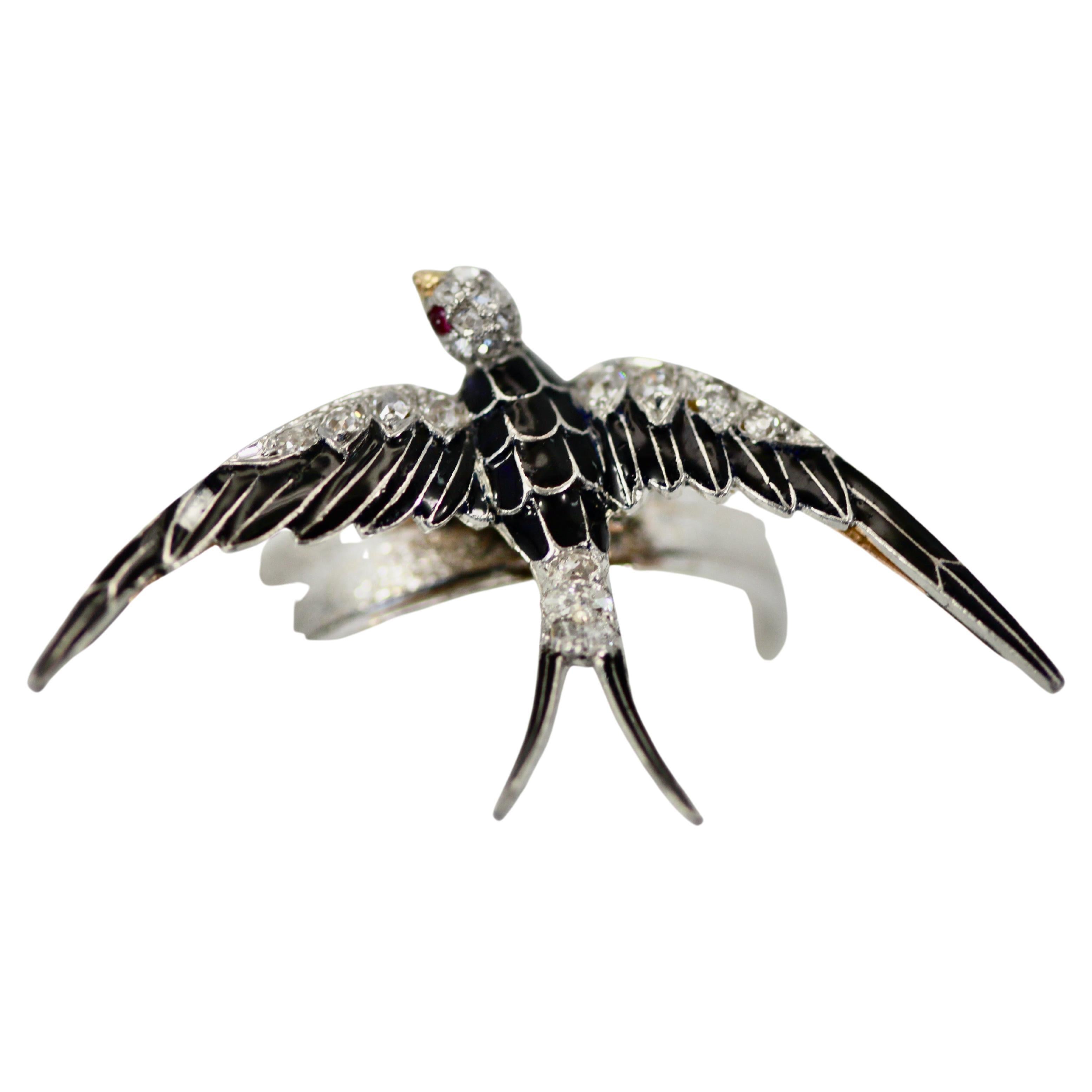 Antique Victorian Enamel Swallow Ring For Sale