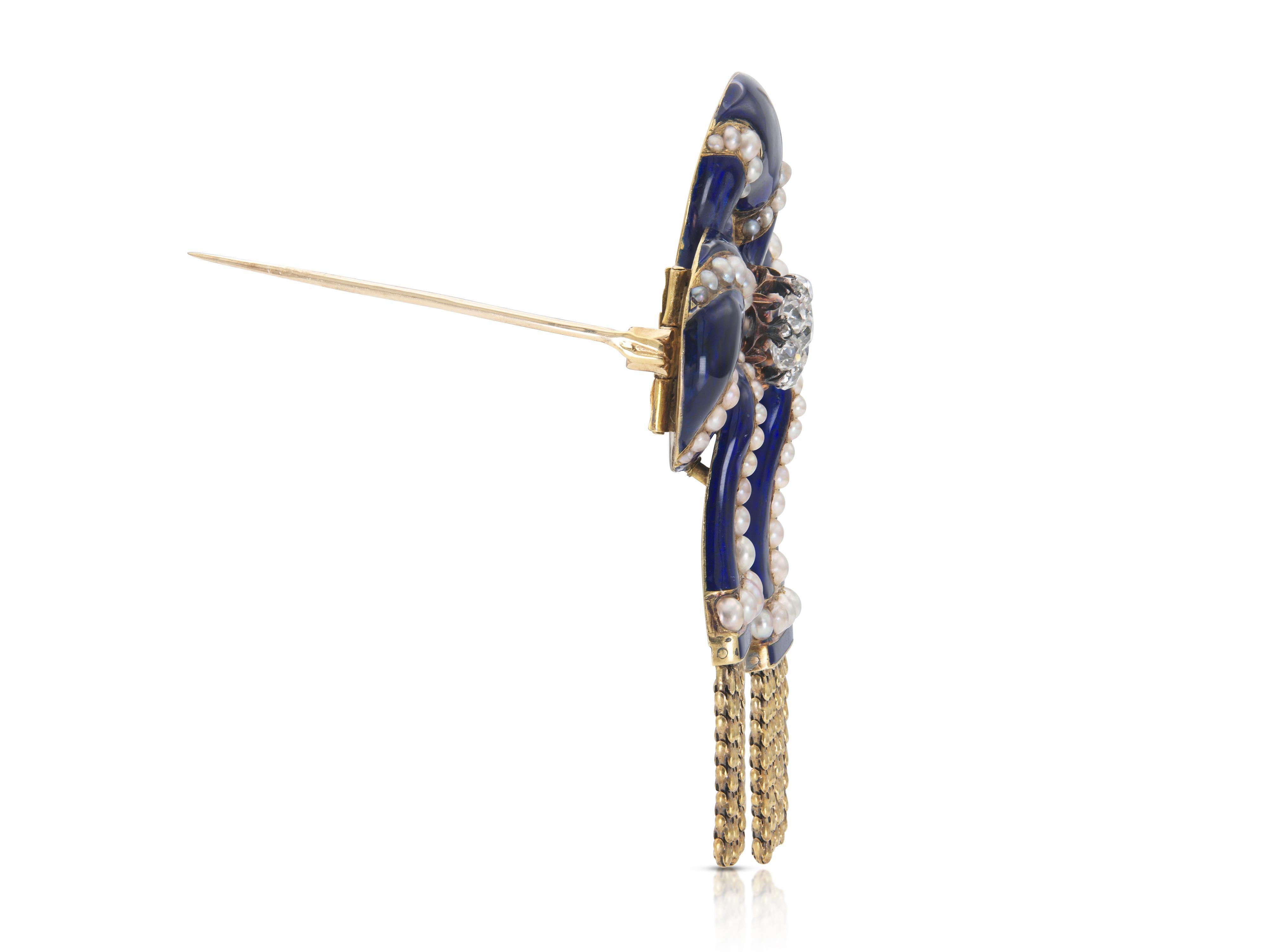 Old Mine Cut Antique Victorian Enamel Tassle Bow Brooch with Diamonds and Pearls For Sale