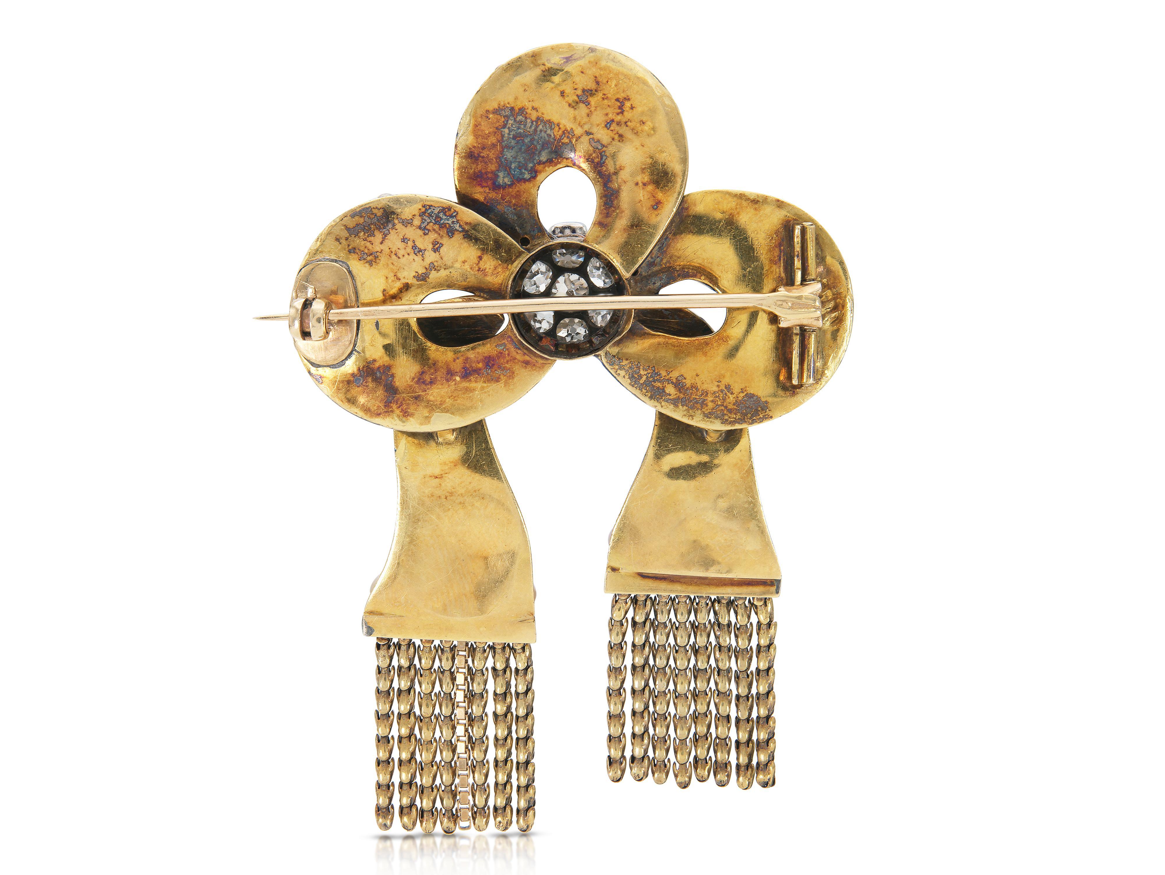 Antique Victorian Enamel Tassle Bow Brooch with Diamonds and Pearls In Good Condition For Sale In New York, NY