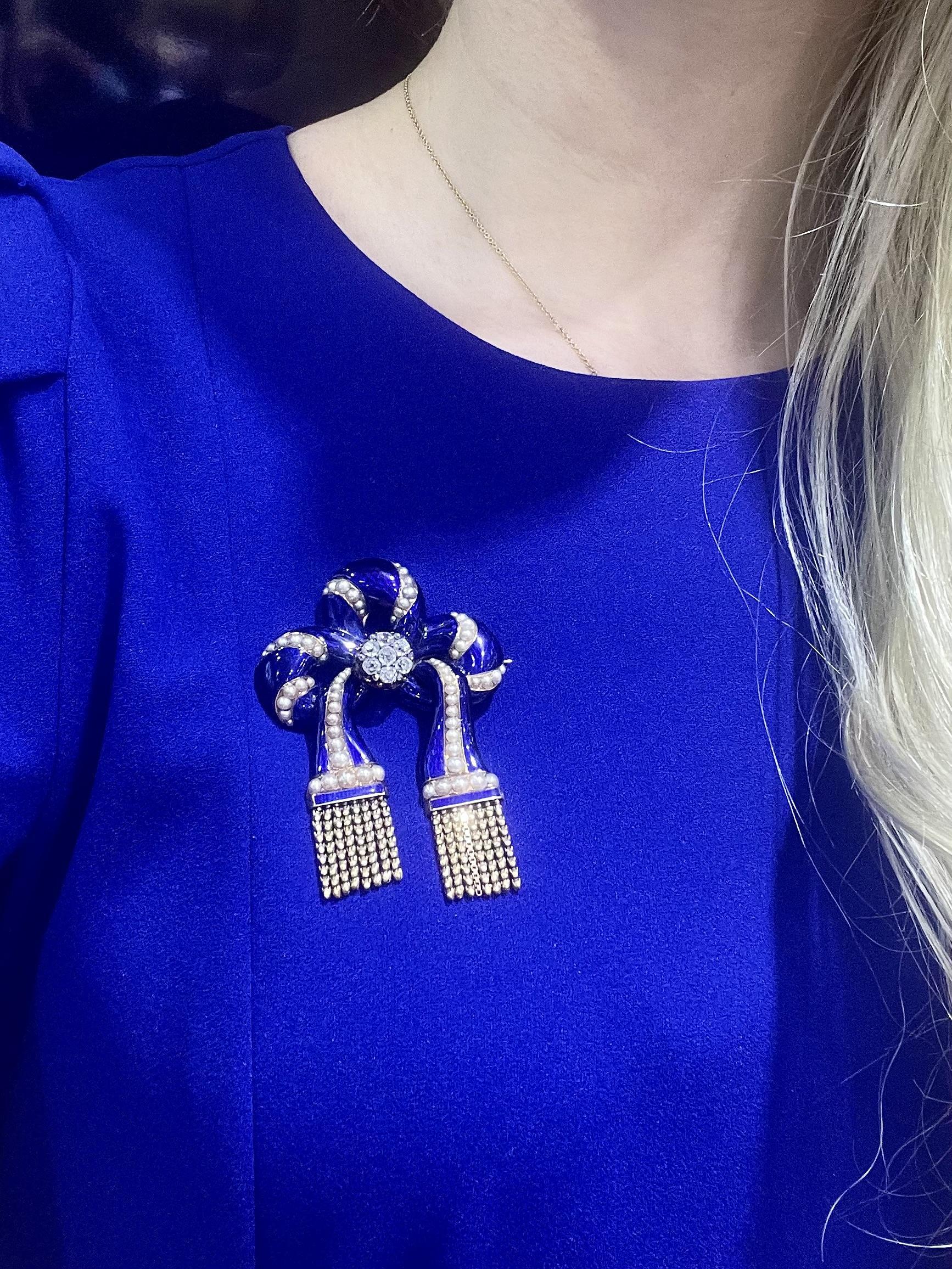 Women's Antique Victorian Enamel Tassle Bow Brooch with Diamonds and Pearls For Sale