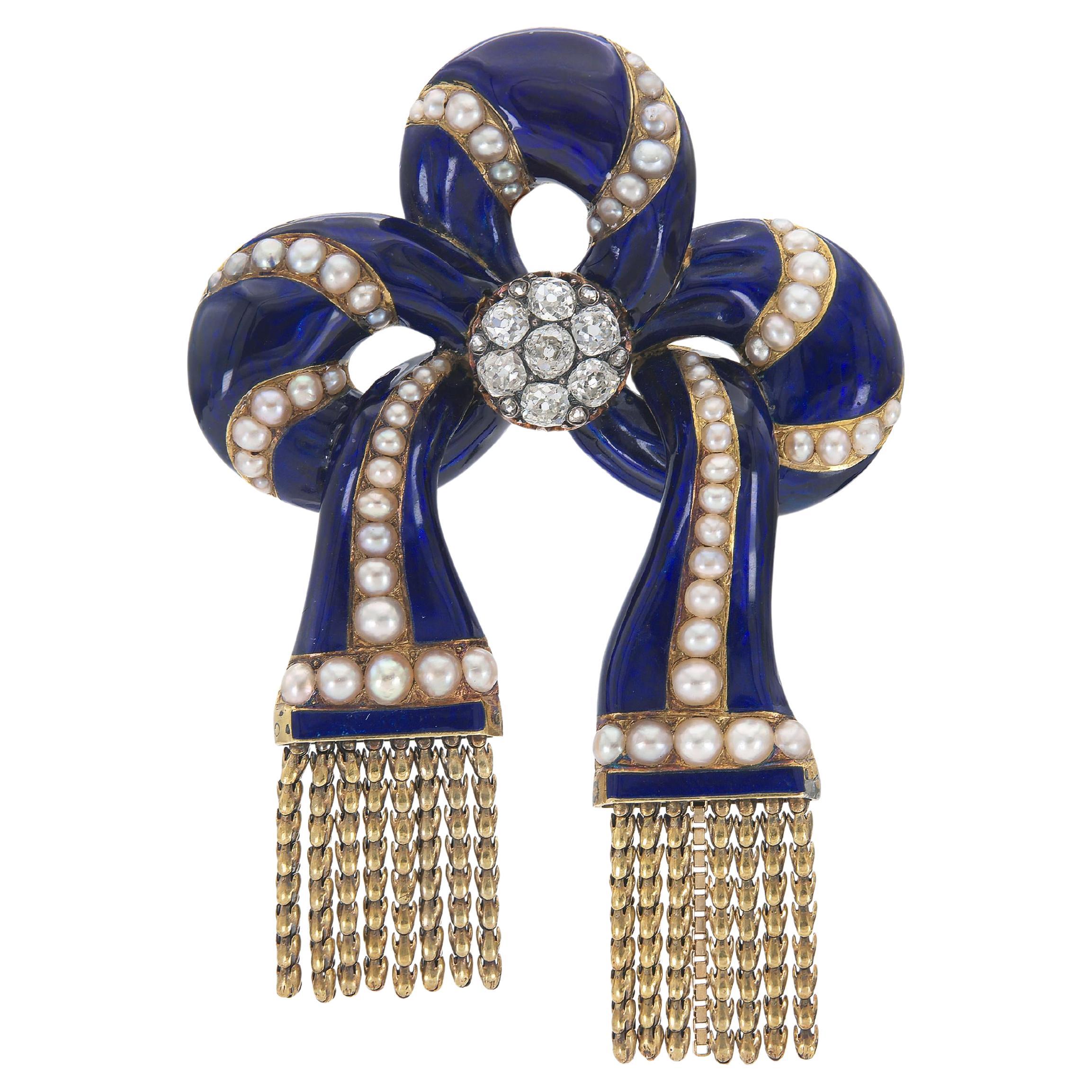 Antique Victorian Enamel Tassle Bow Brooch with Diamonds and Pearls