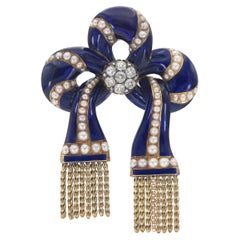 Broche victorienne ancienne à nœud papillon en émail avec diamants et perles