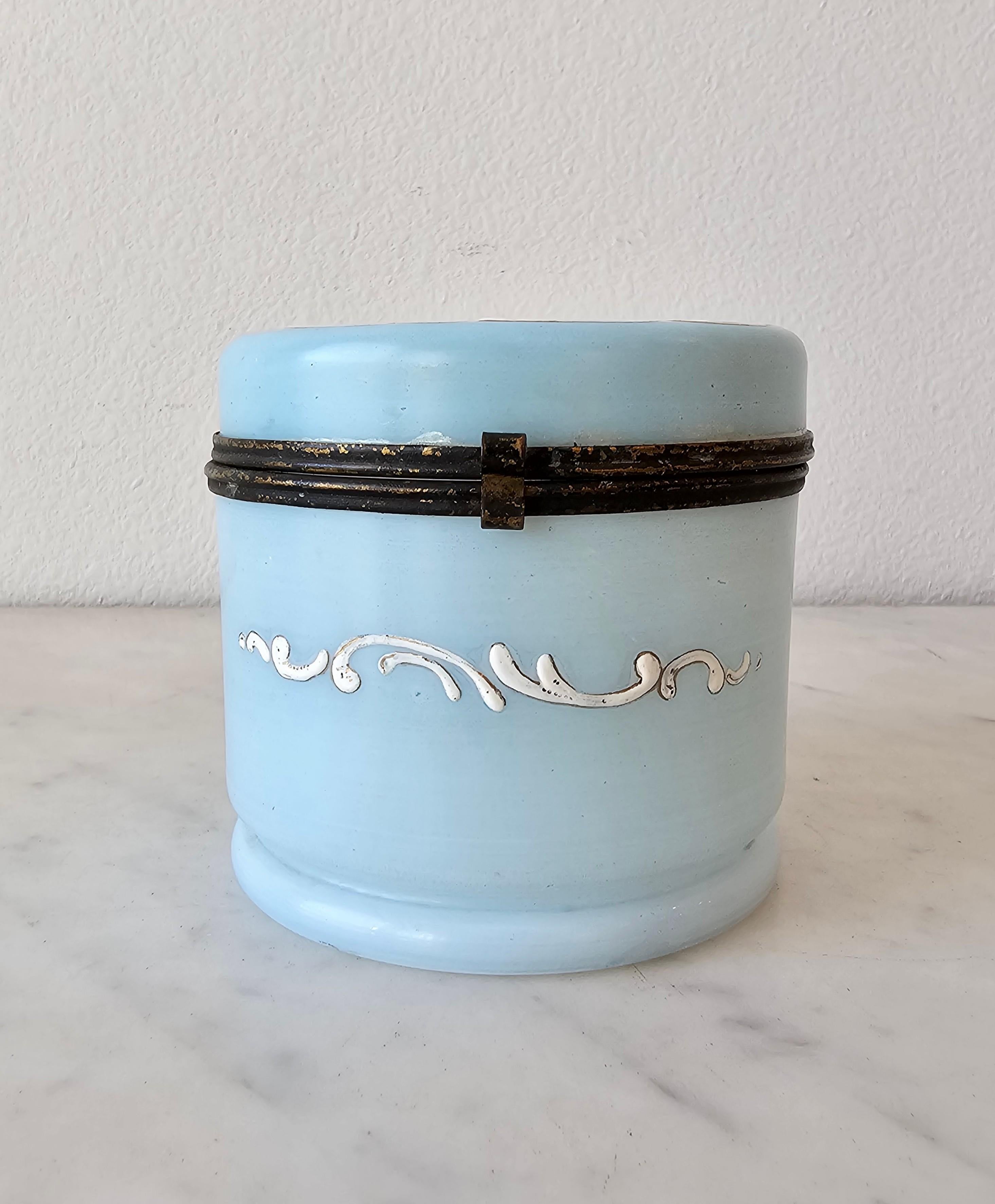 Antique Victorian Enameled Blue Opaline Milk Glass Dresser Box Jewelry Casket  For Sale 4