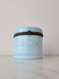 Antique Victorian Enameled Blue Opaline Milk Glass Dresser Box Jewelry Casket