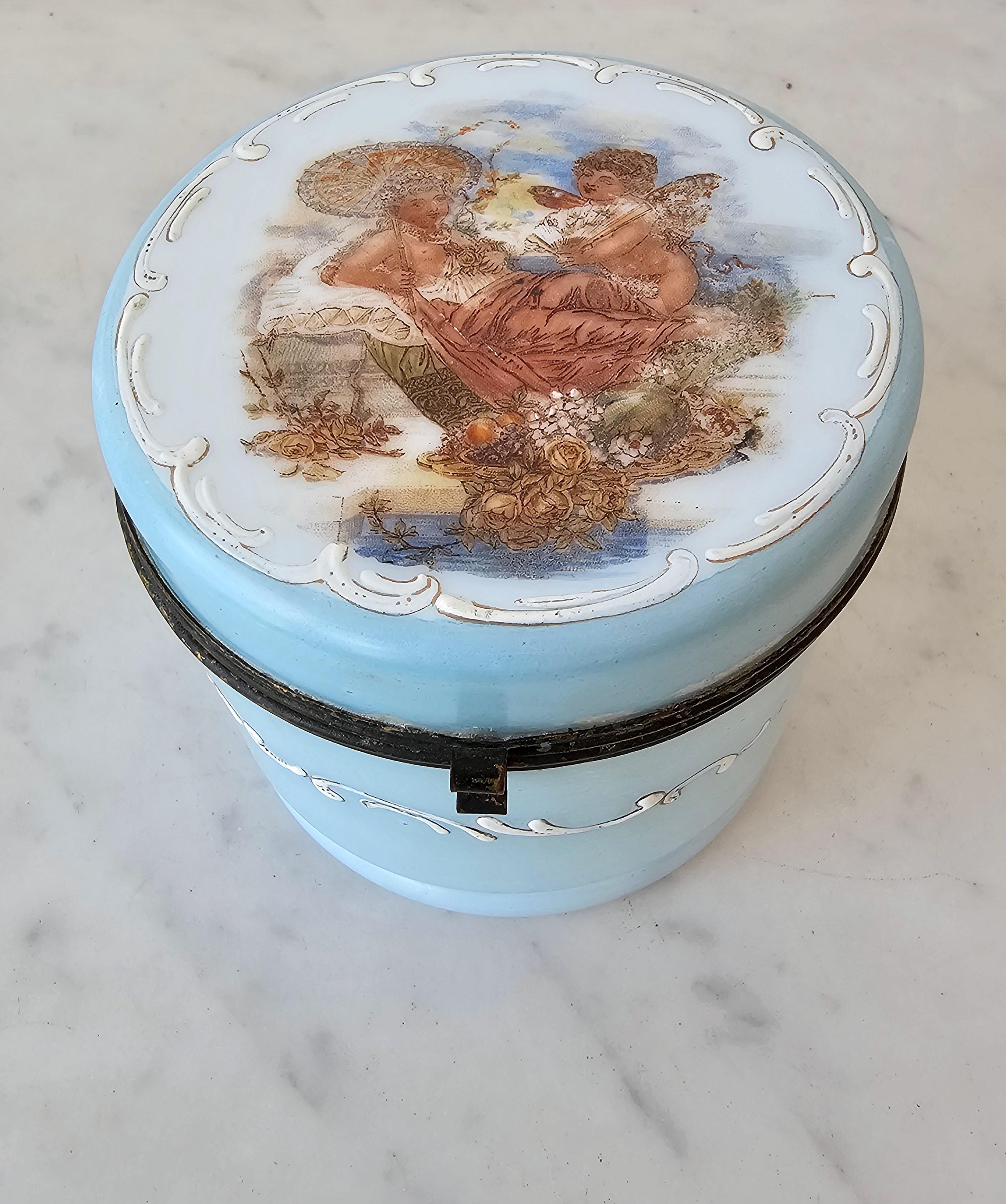Unknown Antique Victorian Enameled Blue Opaline Milk Glass Dresser Box Jewelry Casket  For Sale