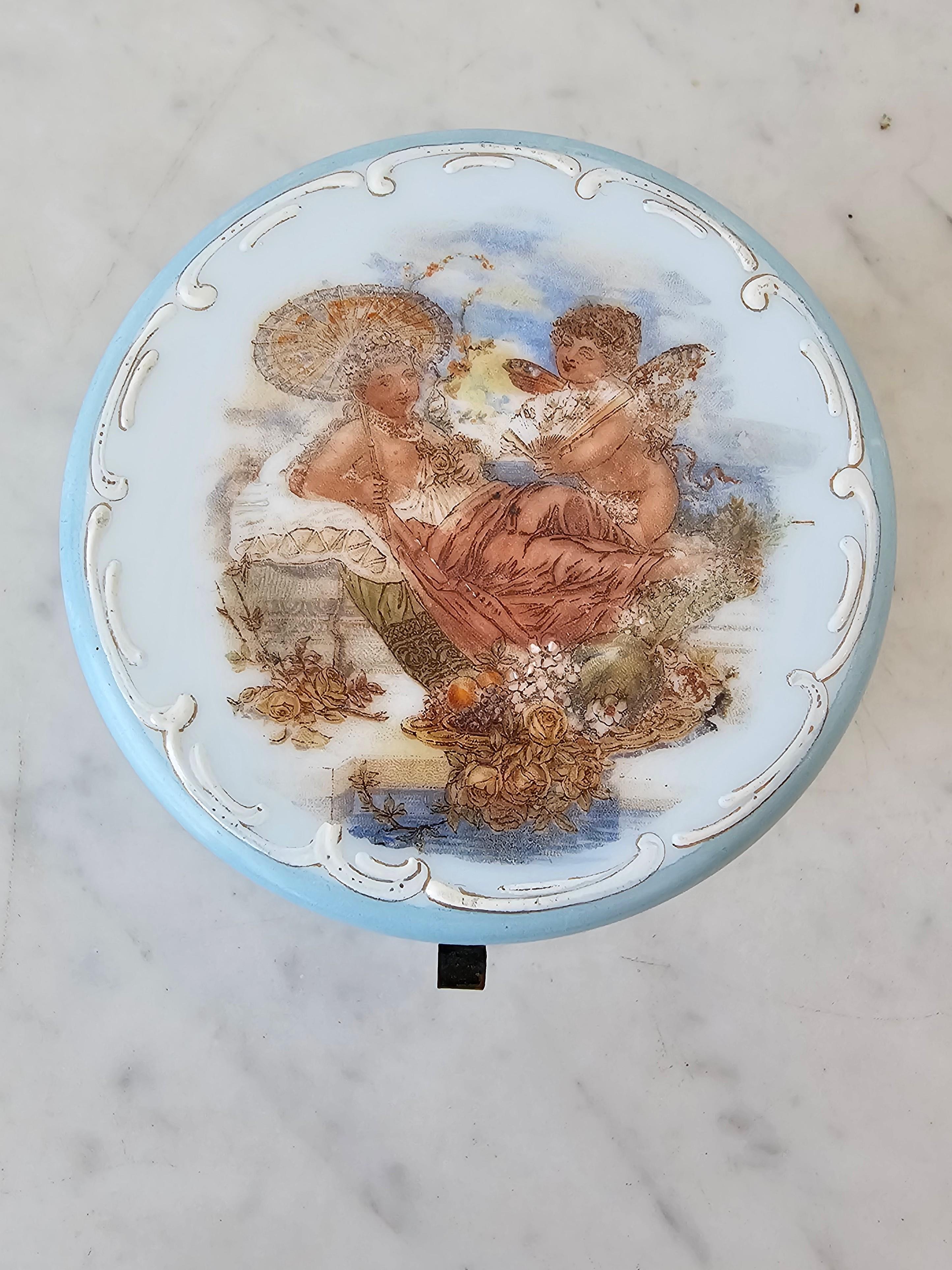 Antique Victorian Enameled Blue Opaline Milk Glass Dresser Box Jewelry Casket  In Good Condition For Sale In Forney, TX