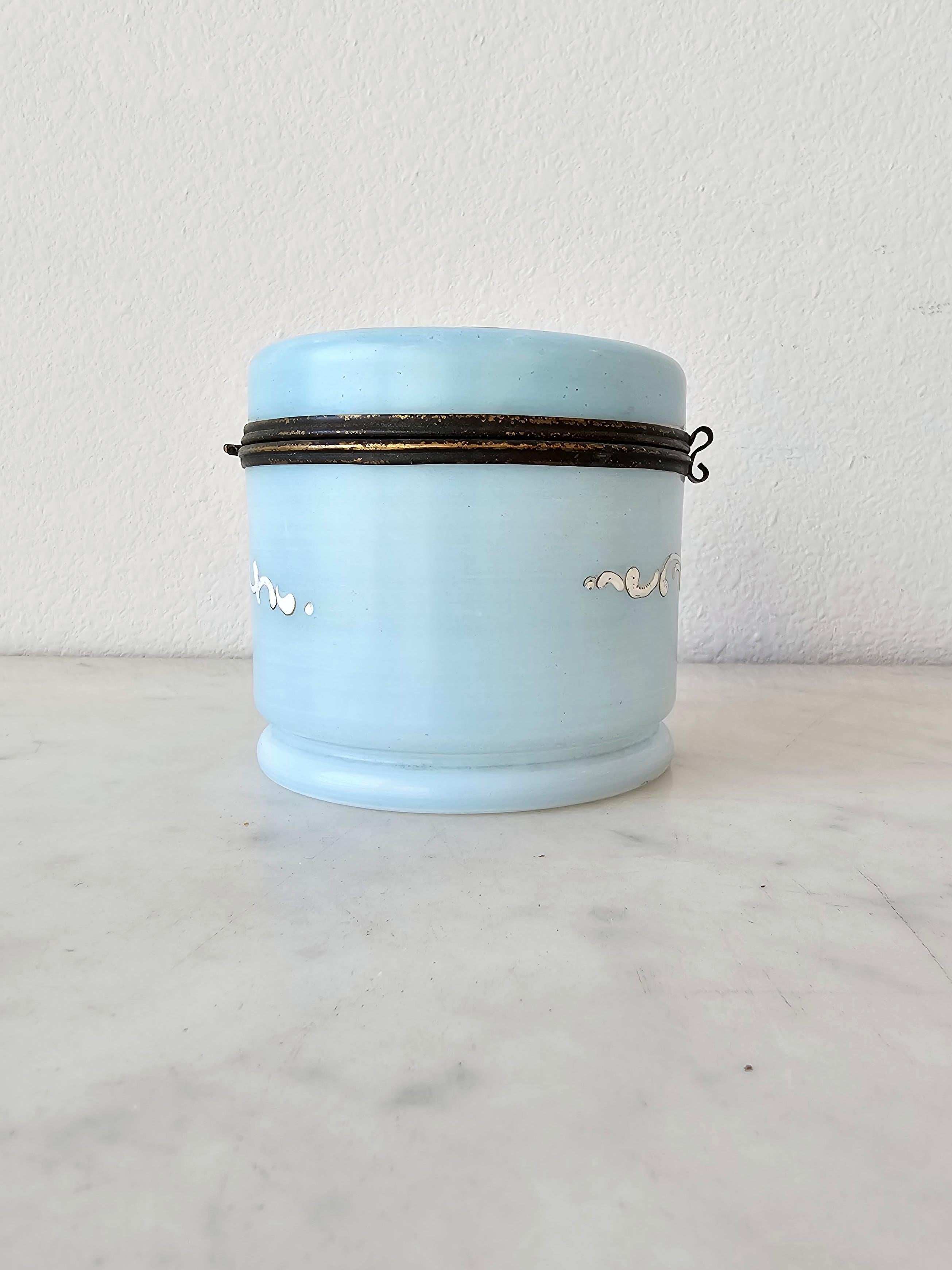 Antique Victorian Enameled Blue Opaline Milk Glass Dresser Box Jewelry Casket  For Sale 1