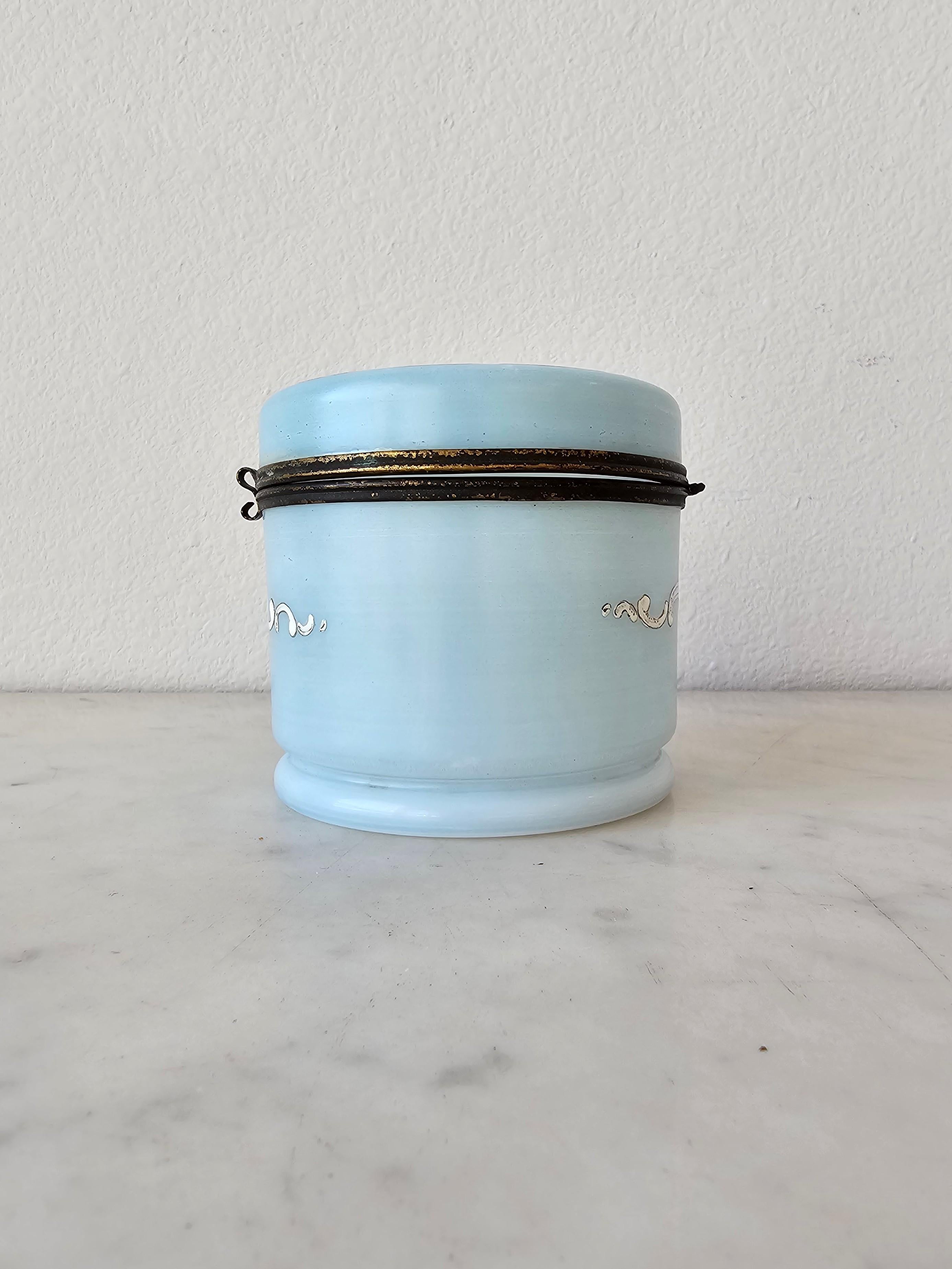 Antique Victorian Enameled Blue Opaline Milk Glass Dresser Box Jewelry Casket  For Sale 2