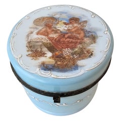 Antico comò vittoriano in vetro lattimo opalino blu smaltato Scatola portagioie