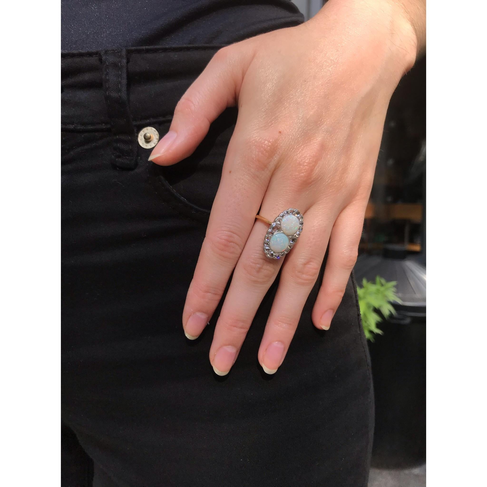 Belle Époque Antique Victorian Engagement Ring with Rose Cut Diamonds and Cabochon Opals For Sale