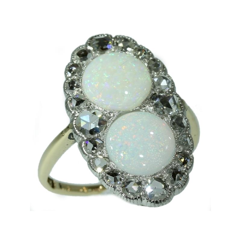 Antique Victorian Engagement Ring with Rose Cut Diamonds and Cabochon Opals For Sale 4