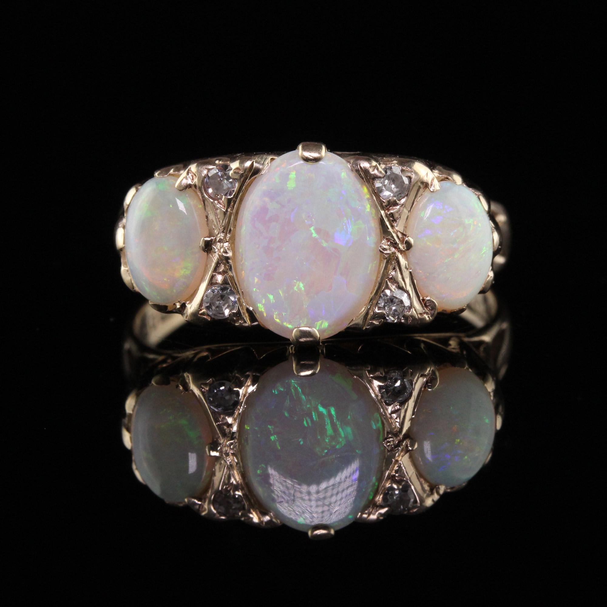 Oval Cut Antique Victorian English 10k Yellow Gold Opal Three Stone Ring For Sale