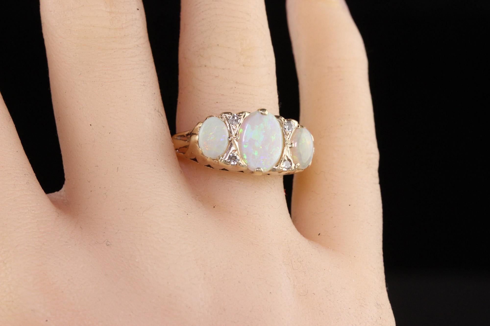 Women's or Men's Antique Victorian English 10k Yellow Gold Opal Three Stone Ring For Sale