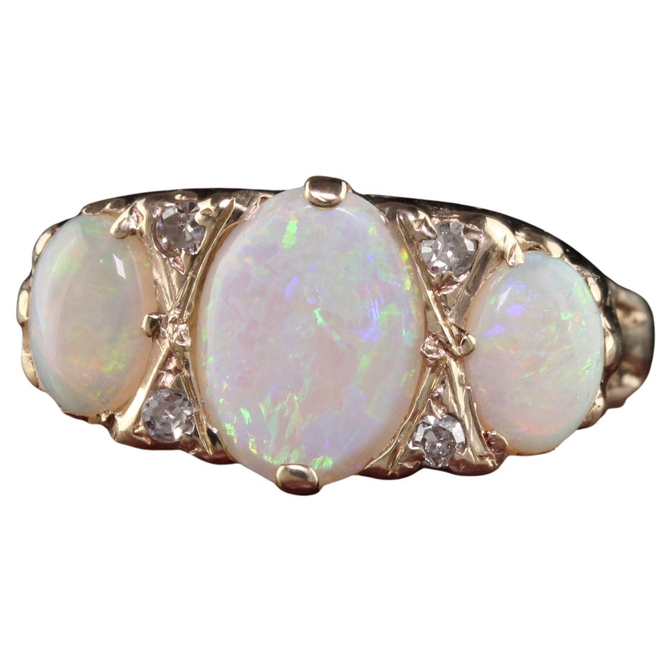 Antique Victorian English 10k Yellow Gold Opal Three Stone Ring For Sale