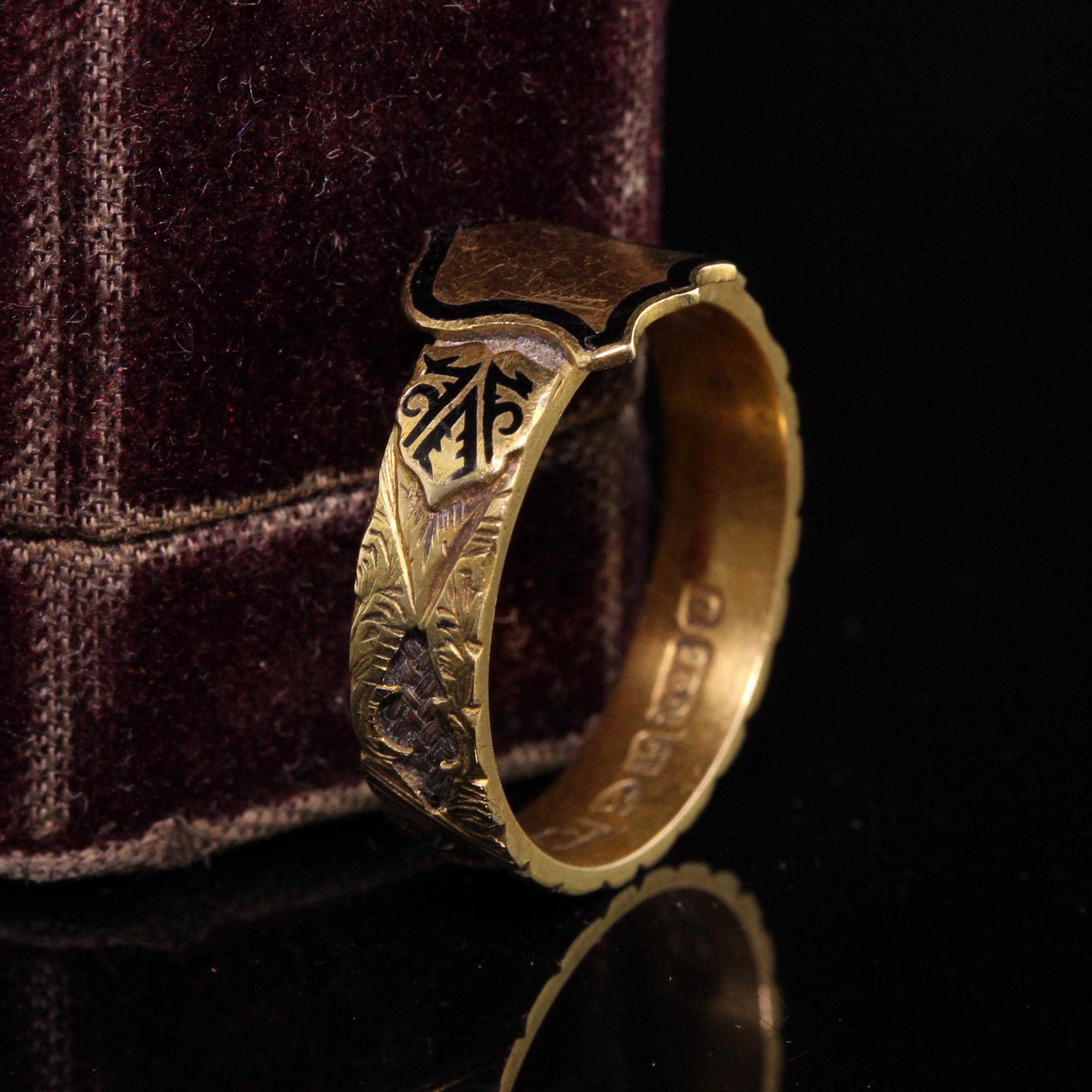 Beautiful Antique Victorian English15K Yellow Gold Enamel Hair Signet Mourning Ring. This incredible mourning ring is in exceptionally great condition and is fully hallmarked. The inside of the ring is engraved 