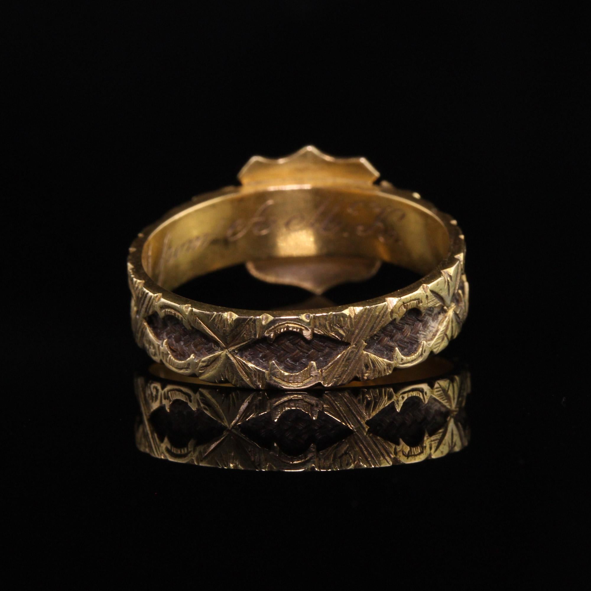 Women's Antique Victorian English 15K Yellow Gold Enamel Hair Signet Mourning Ring
