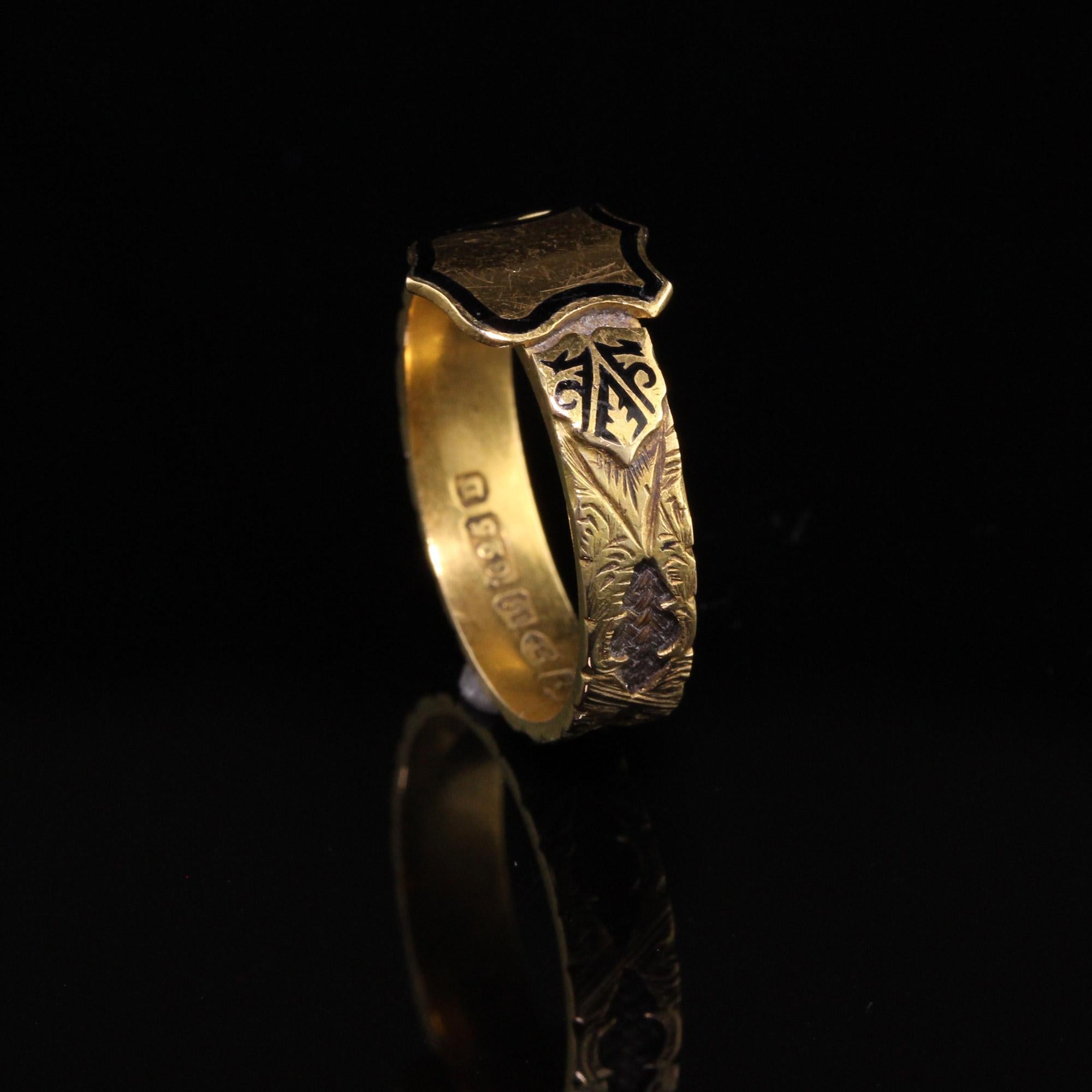 Antique Victorian English 15K Yellow Gold Enamel Hair Signet Mourning Ring 2