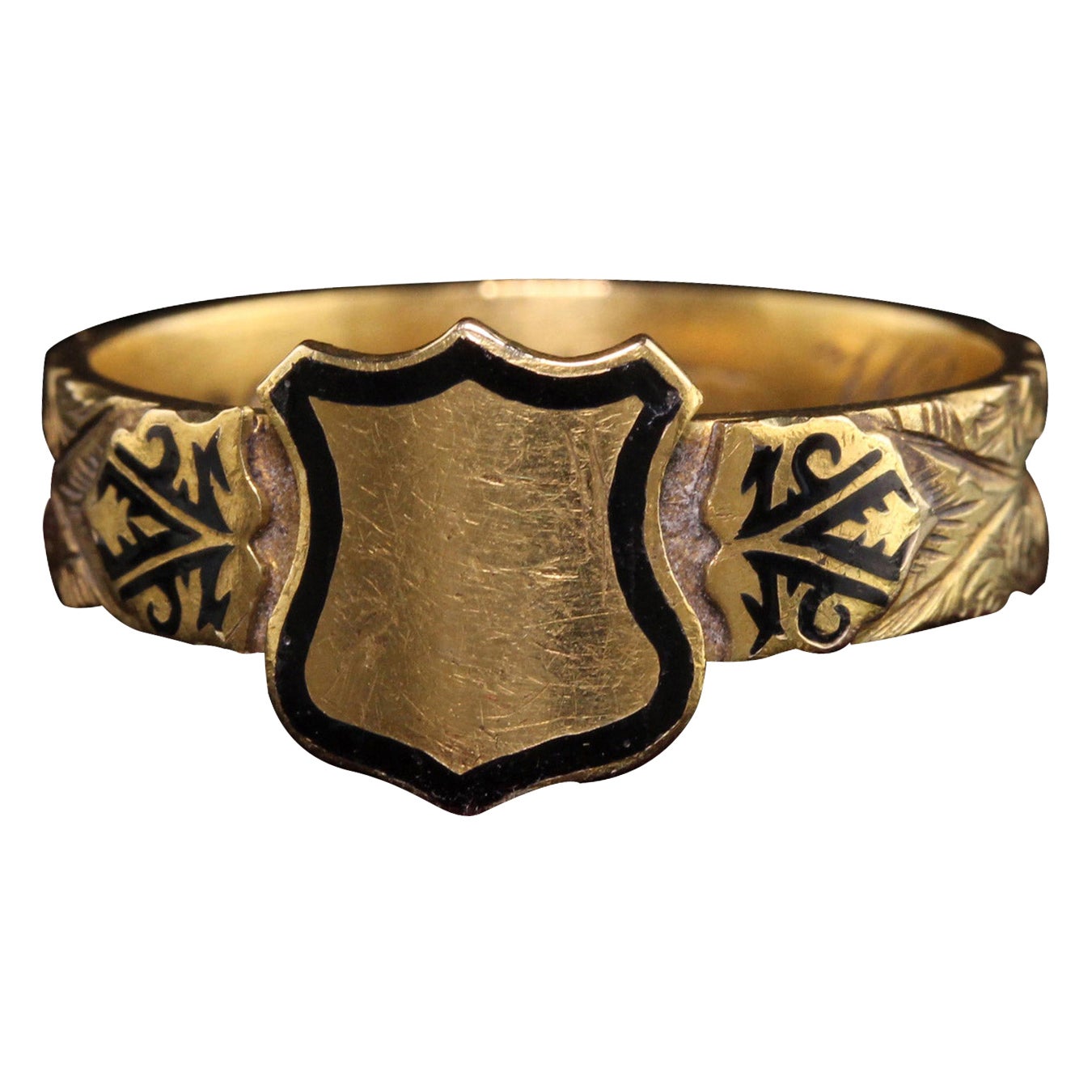 Antique Victorian English 15K Yellow Gold Enamel Hair Signet Mourning Ring