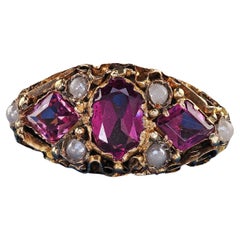 Antiker viktorianischer englischer 15K Gelbgold Rhodolith Granat Perle gravierter Ring