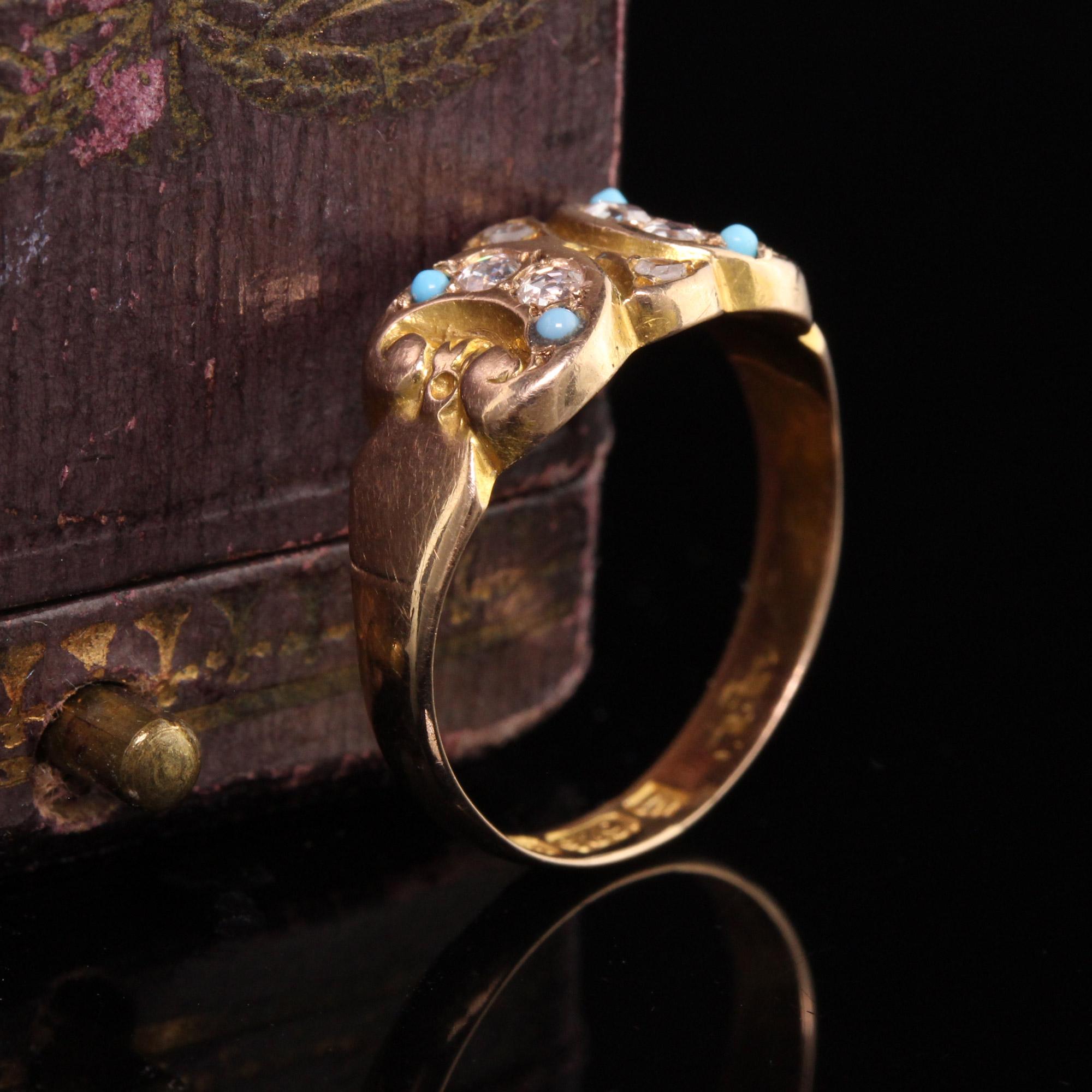Victorien Ancienne bague victorienne anglaise en or jaune 15 carats avec diamants taille rose et turquoise en vente