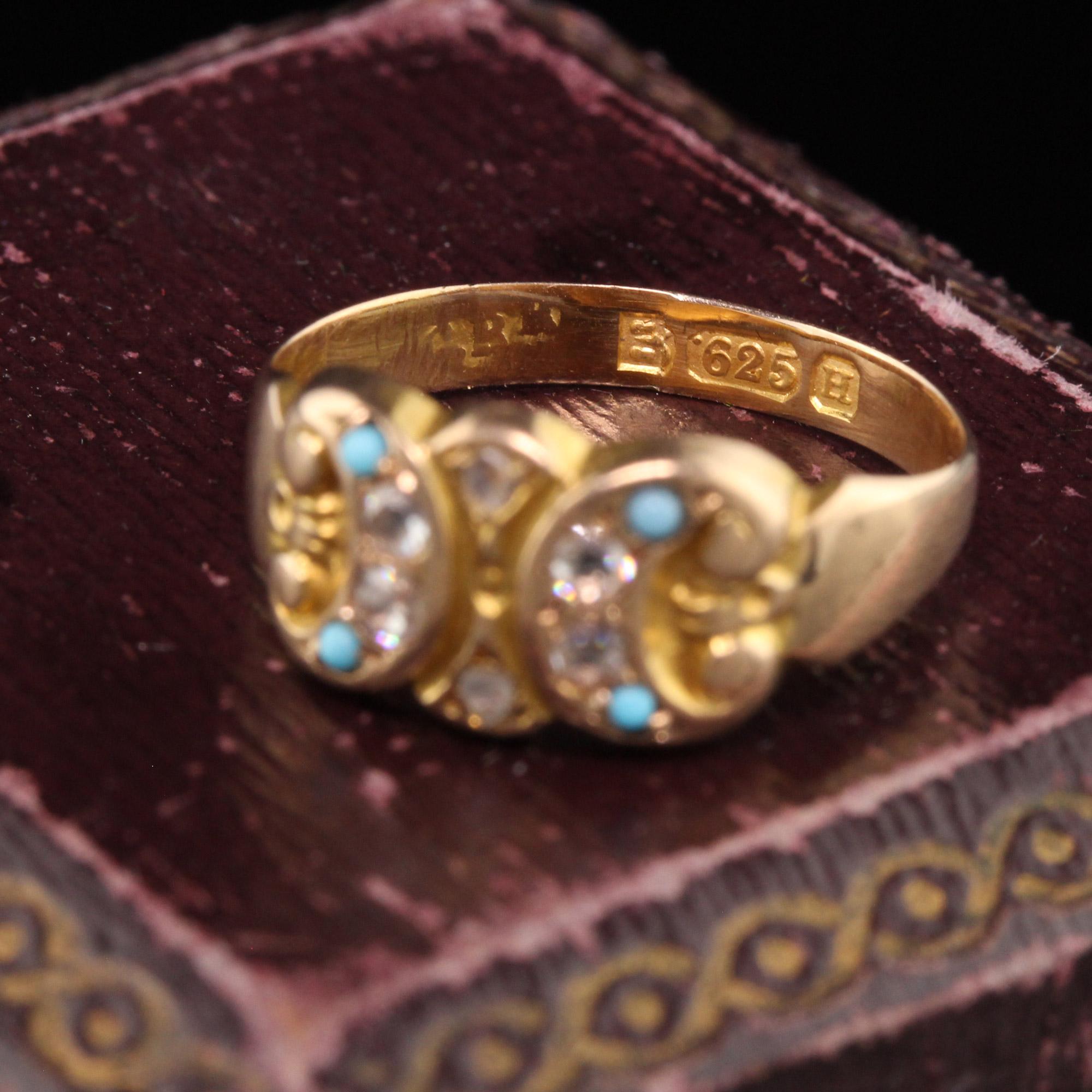 Taille rose Ancienne bague victorienne anglaise en or jaune 15 carats avec diamants taille rose et turquoise en vente