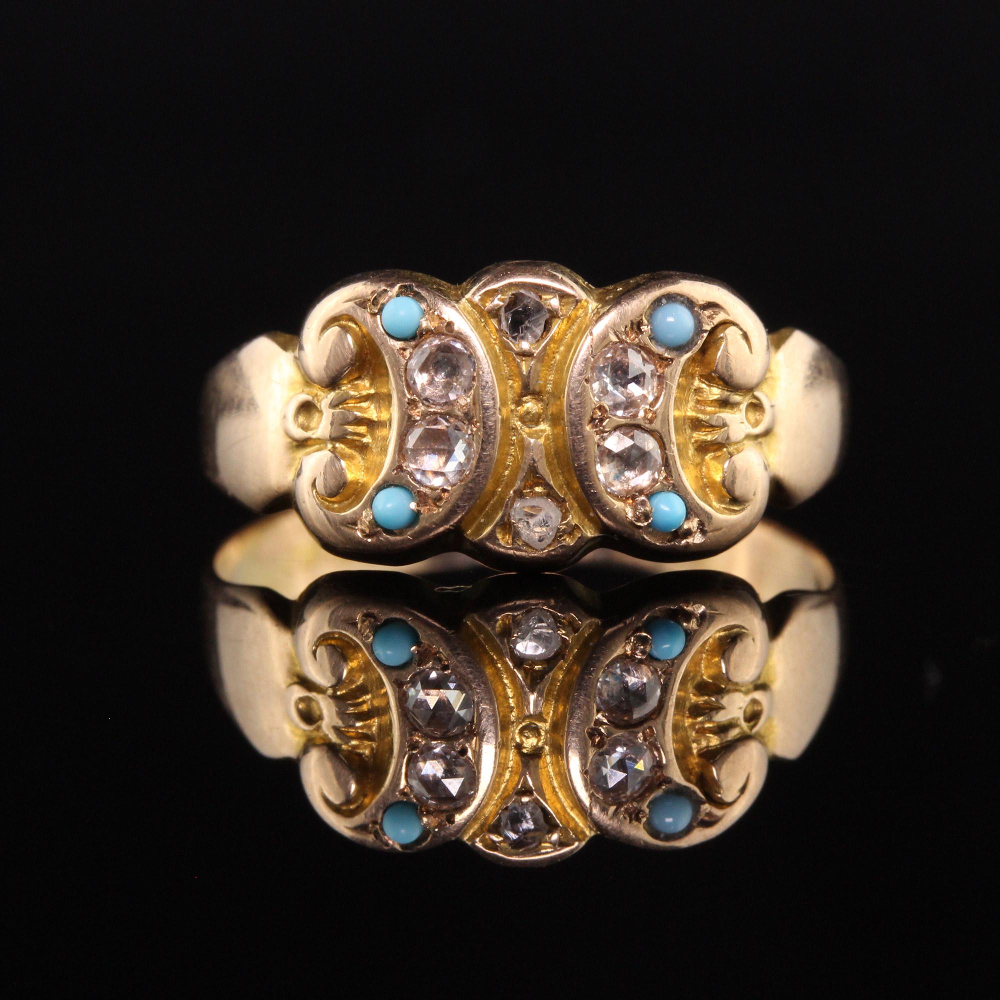 Antique Victorian English 15K Yellow Gold Rose Cut Diamond and Turquoise Ring For Sale 1