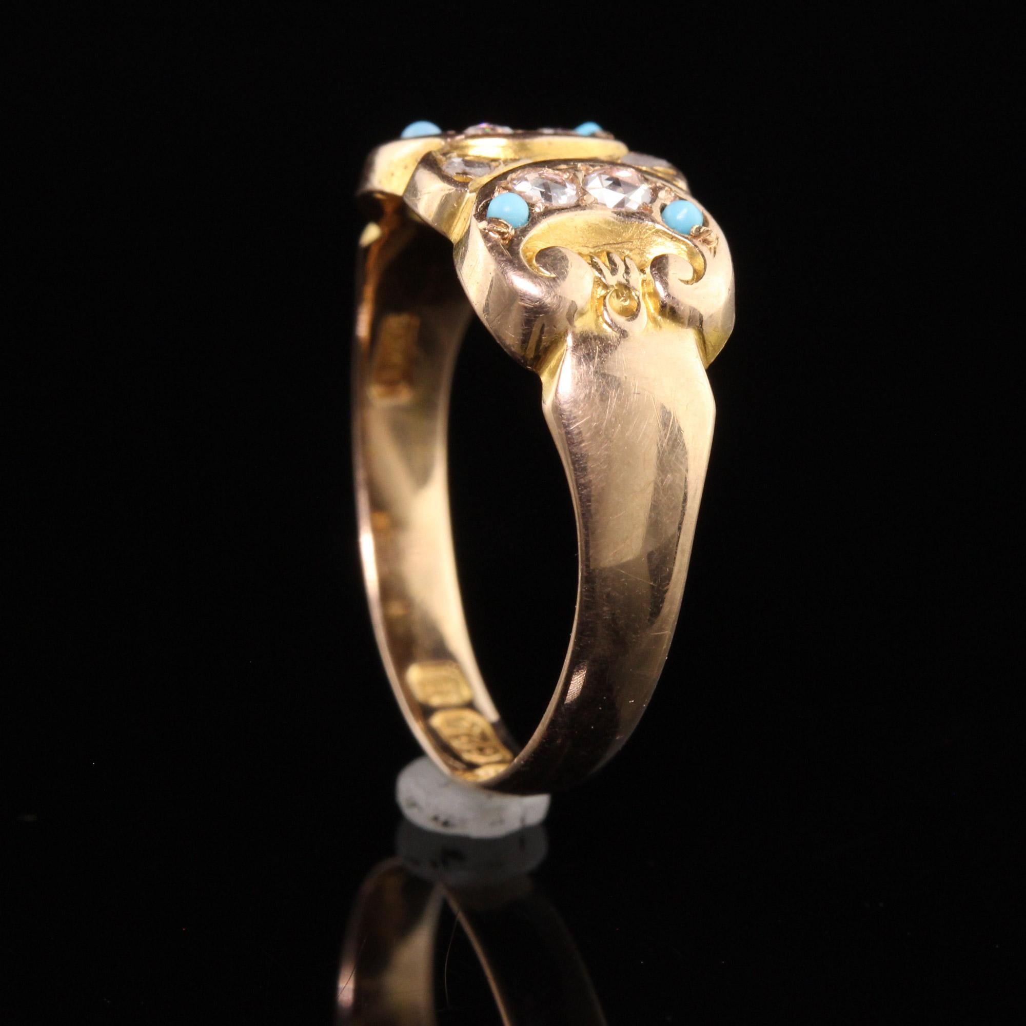 Ancienne bague victorienne anglaise en or jaune 15 carats avec diamants taille rose et turquoise en vente 1